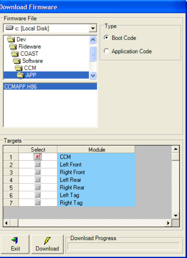 ActiveRide application — Firmware Download dialog. Firmware File browser at top shows the Dev / Rideware / COAST / Software / CCM / APP folder tree with CCMAPP.H86 selected. Type radio group on the right: Boot Code (selected) or Application Code. Targets grid at the bottom lists the seven reflashable suspension ECUs (CCM, Left Front, Right Front, Left Rear, Right Rear, Left Tag, Right Tag) with per-module Select checkboxes; CCM checked. Exit / Download action buttons + Download Progress bar at the foot.