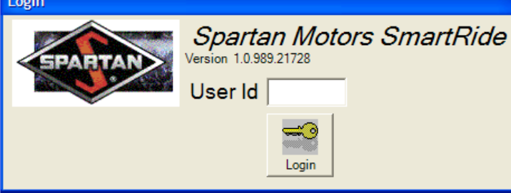 ActiveRide Login dialog from the manual's page 2 — Login title bar; black-and-red Spartan diamond logo on the left; "Spartan Motors SmartRide" italic wordmark and "Version 1.0.989.21728" version string at the top right; "User Id" label with an empty text-entry field; a gold-key Login button below.