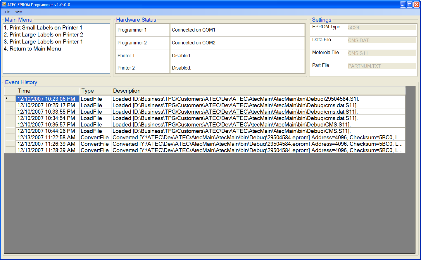 ATEC EPROM Print Labels Menu — barcoded serial-number label workflow for the two Intermec PF2i thermal printers