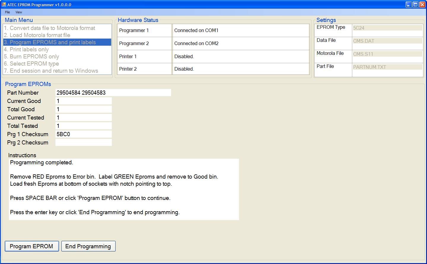 ATEC EPROM Program EPROM Completed — post-burn confirmation with verified checksums and the burn timestamps written to the Event History