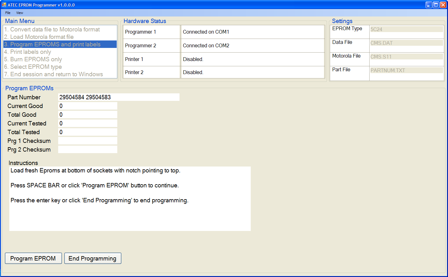 ATEC EPROM Program EPROM Start — pre-burn confirmation screen showing the loaded Motorola file and the active programmer-socket configuration
