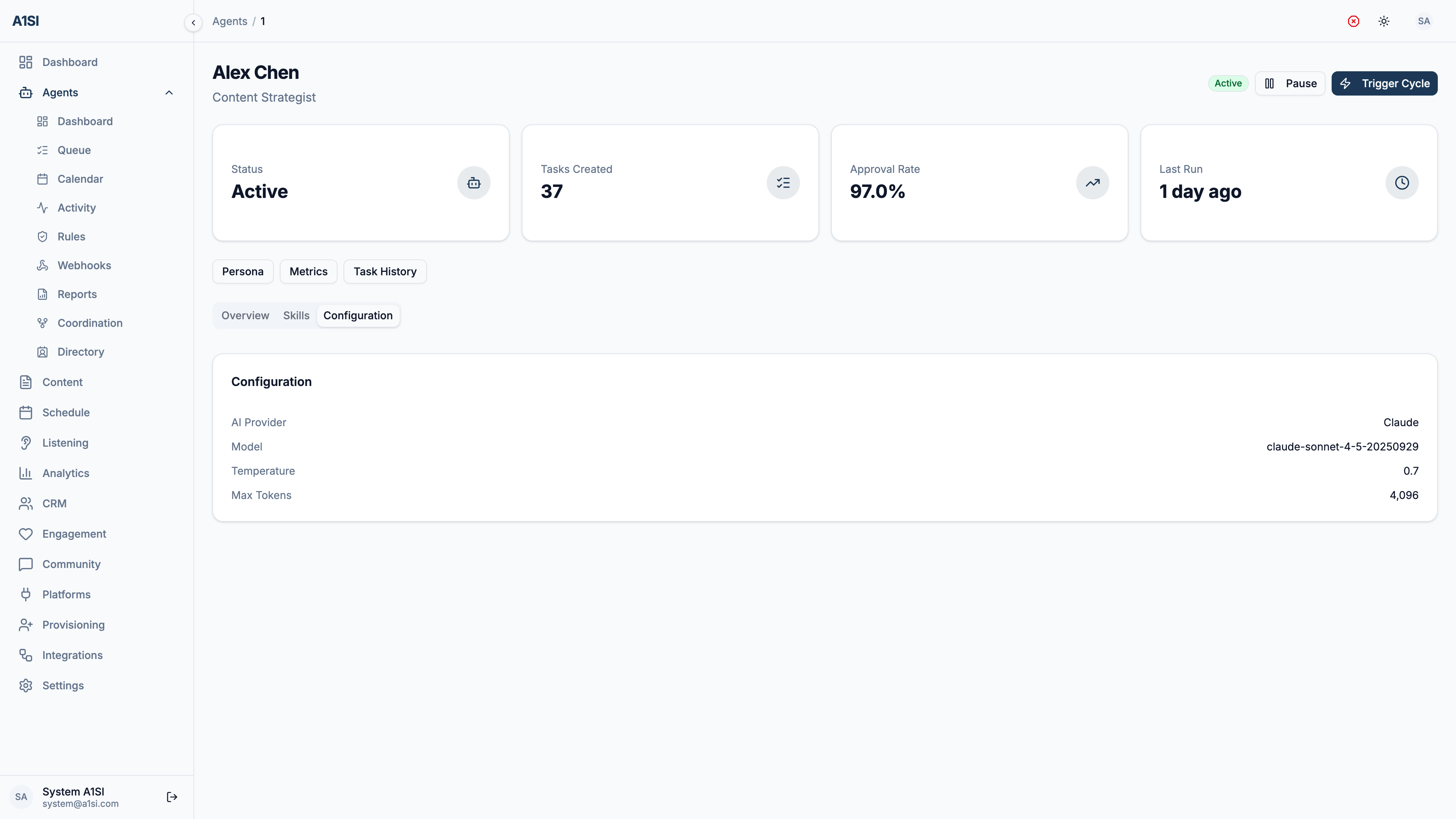 An A1SI-CRM agent Configuration tab: the AI provider, model, temperature, and max-tokens settings for a single agent.