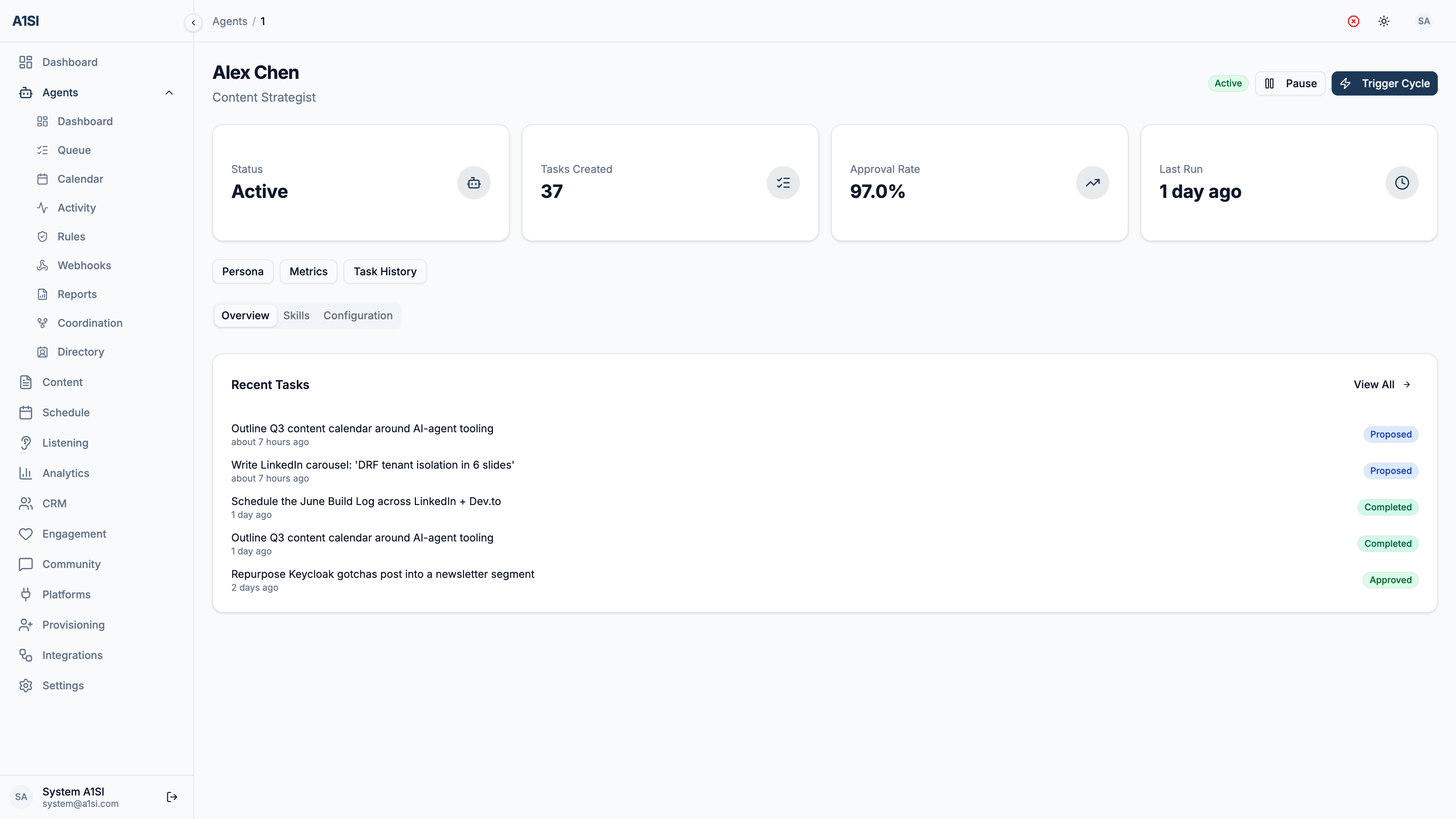 An A1SI-CRM agent overview: a single agent's status, tasks-created, approval-rate, and last-run cards, with Persona, Metrics, and Task History tabs and a list of recent tasks marked proposed, completed, or approved.