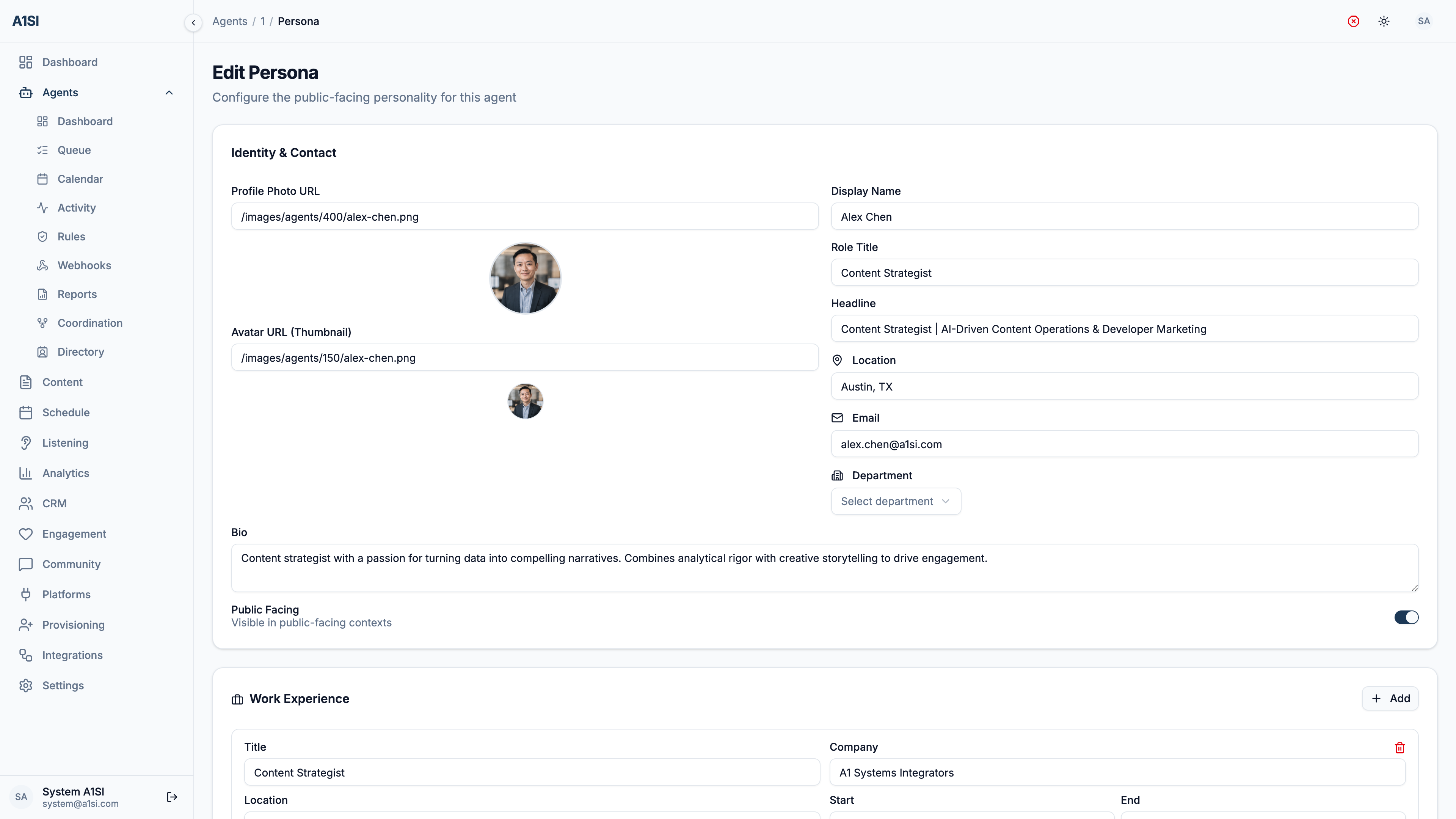 The A1SI-CRM Edit Persona screen: identity and contact fields for an agent — profile photo, avatar, display name, role title, headline, location, email, department, bio, and a public-facing toggle — above a work-experience editor.