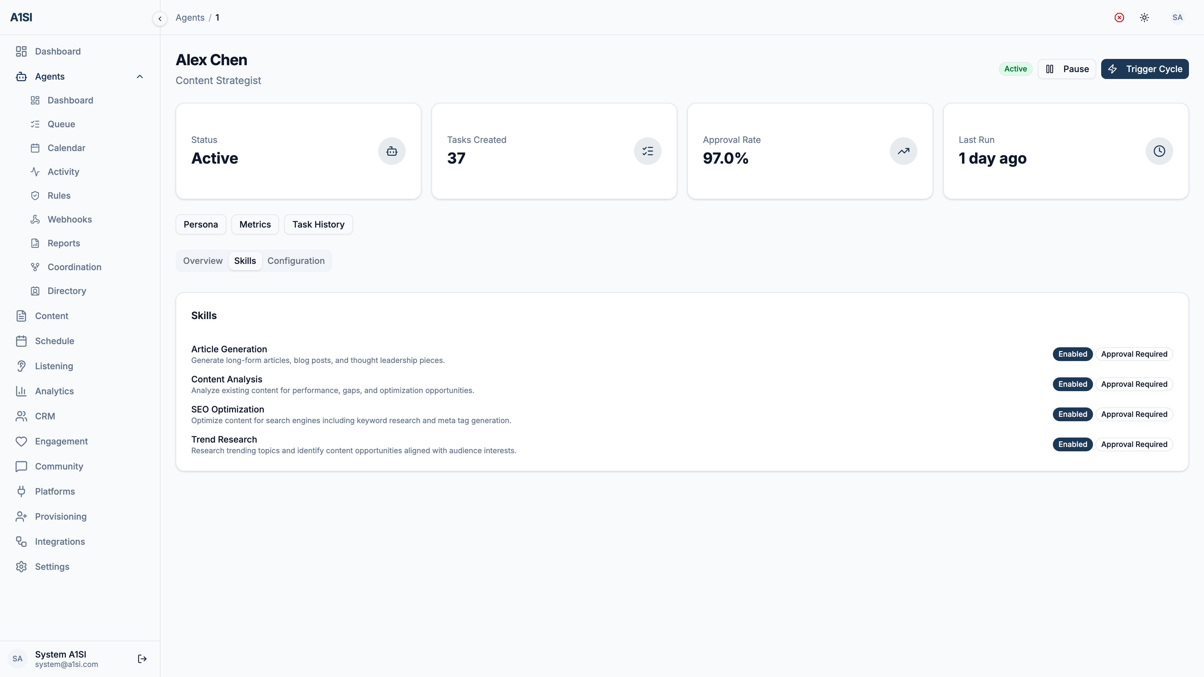 An A1SI-CRM agent detail Skills tab: the skill set configured for a single AI agent, alongside its status, tasks-created, approval-rate, and last-run cards.