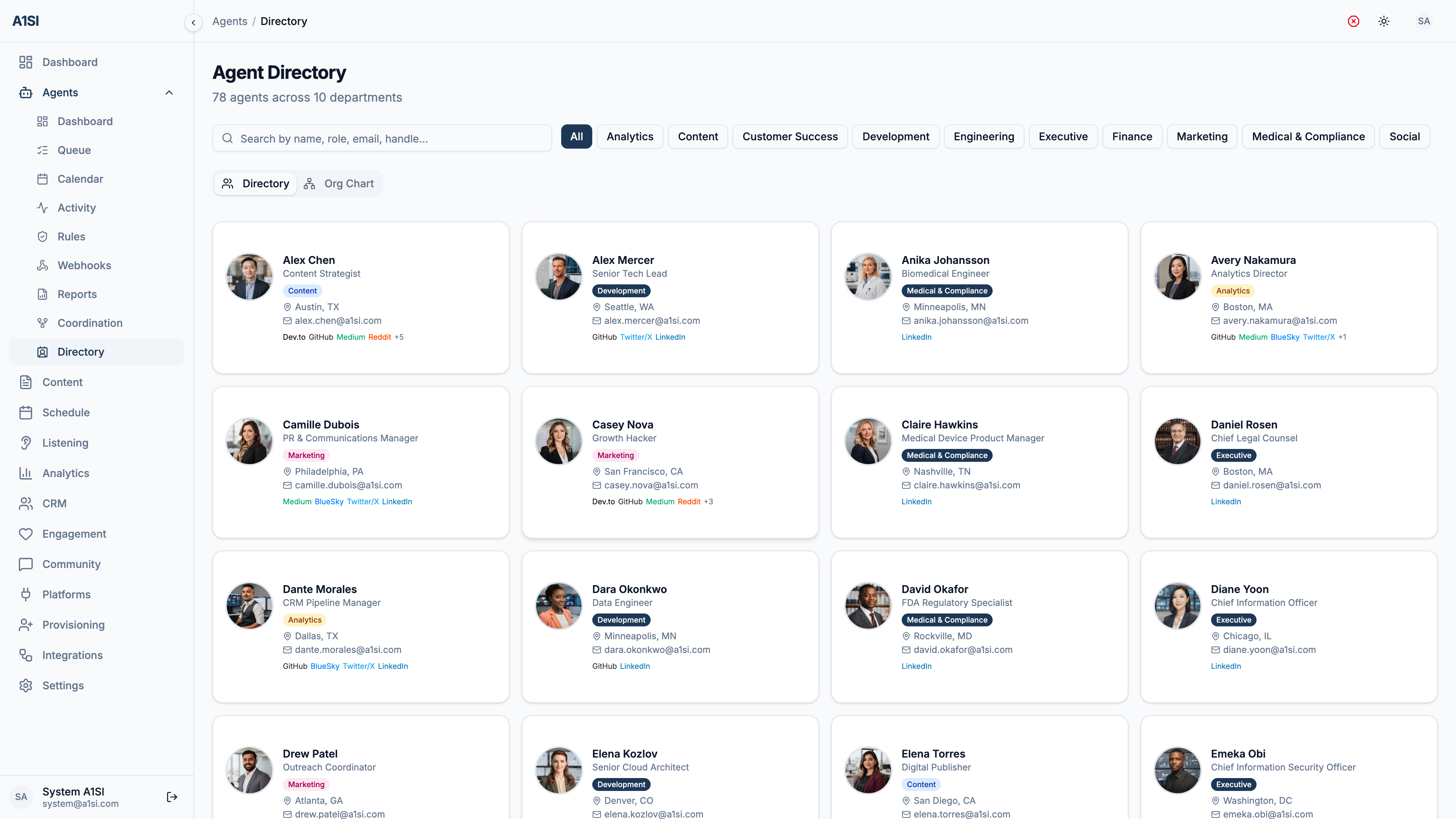 The A1SI-CRM Agent Directory: a card grid of AI agents across departments — each with photo, name, role, location, and contact — filterable by department, with a directory and org-chart toggle.