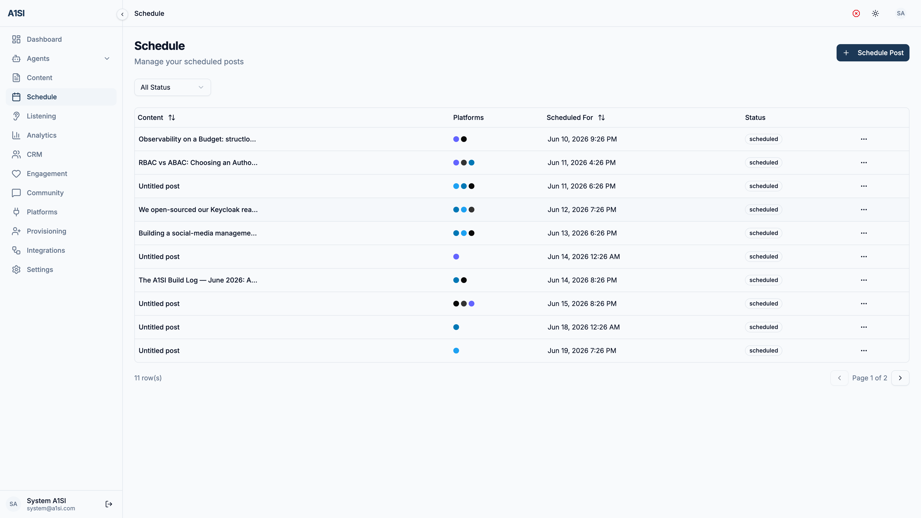 The A1SI-CRM Schedule screen: a table of scheduled posts with their target platforms, scheduled date and time, and status, plus a Schedule Post button.