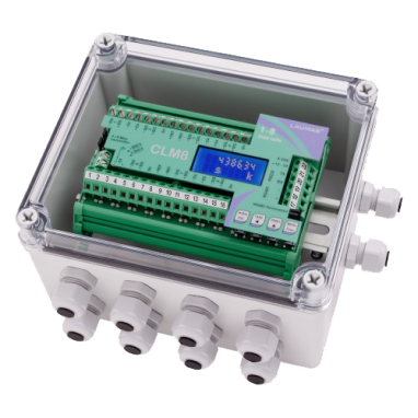 The Laumas CLM8 load-cell transmitter in its enclosure, showing the CLM8 board and a live weight readout