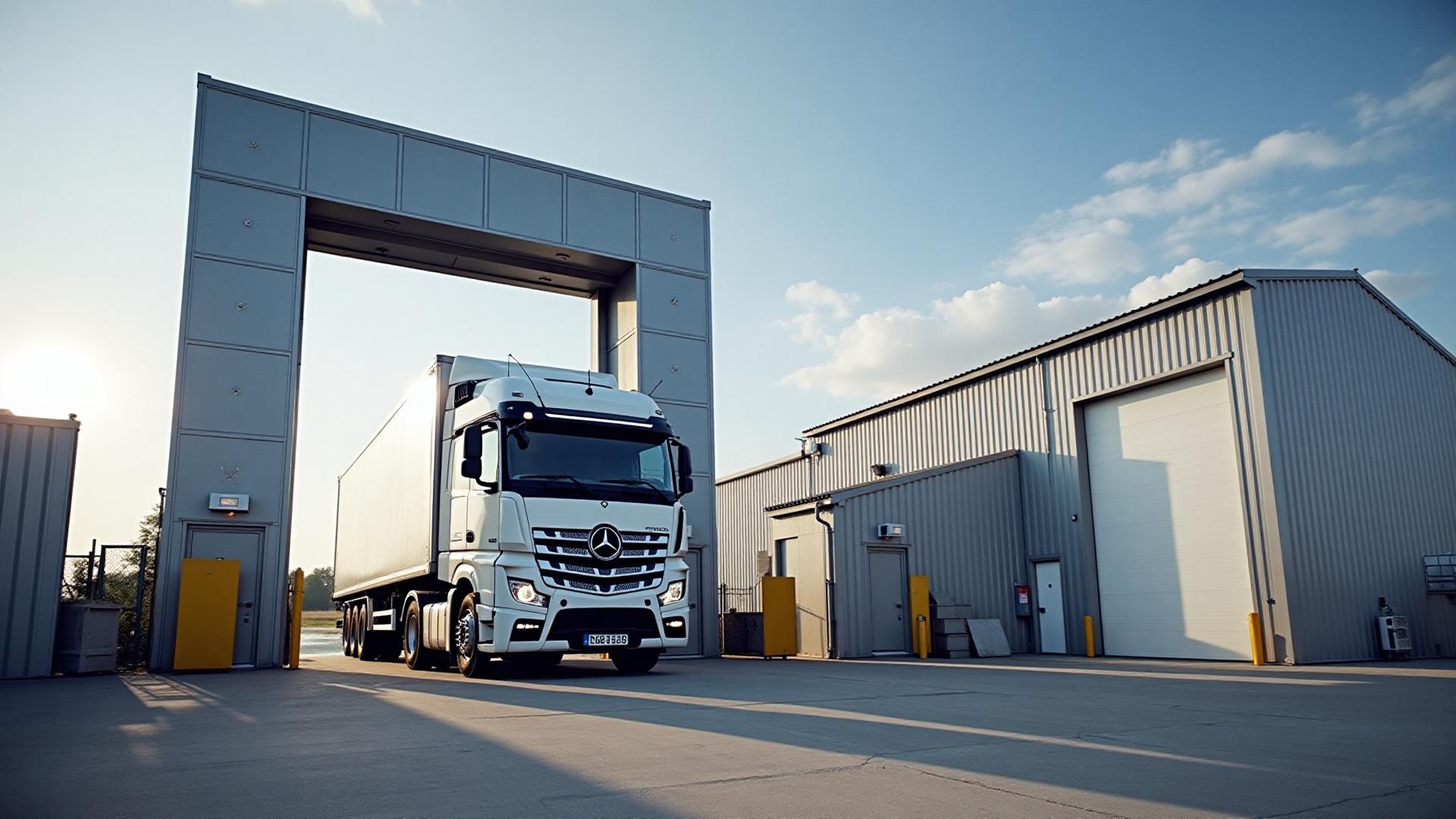A commercial truck on a weighbridge under a weigh-gantry at a vehicle weighing facility