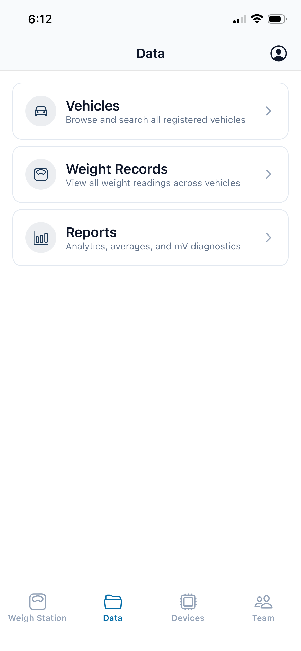 CVWS iOS app, Data screen: a menu of Vehicles, Weight Records, and Reports for browsing all weighing data