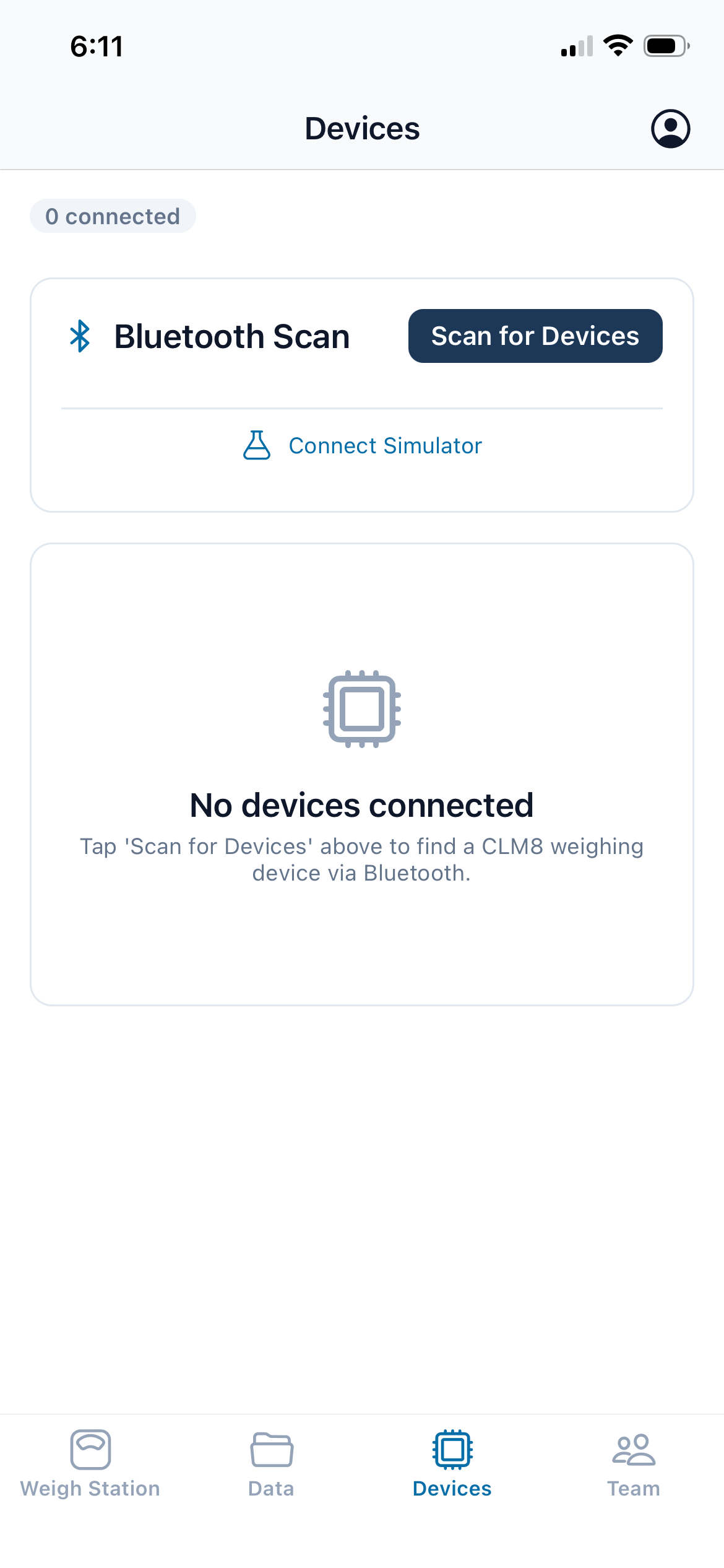 CVWS iOS app, Devices screen: a Bluetooth scan to find and connect a CLM8 weighing device over Bluetooth Low Energy
