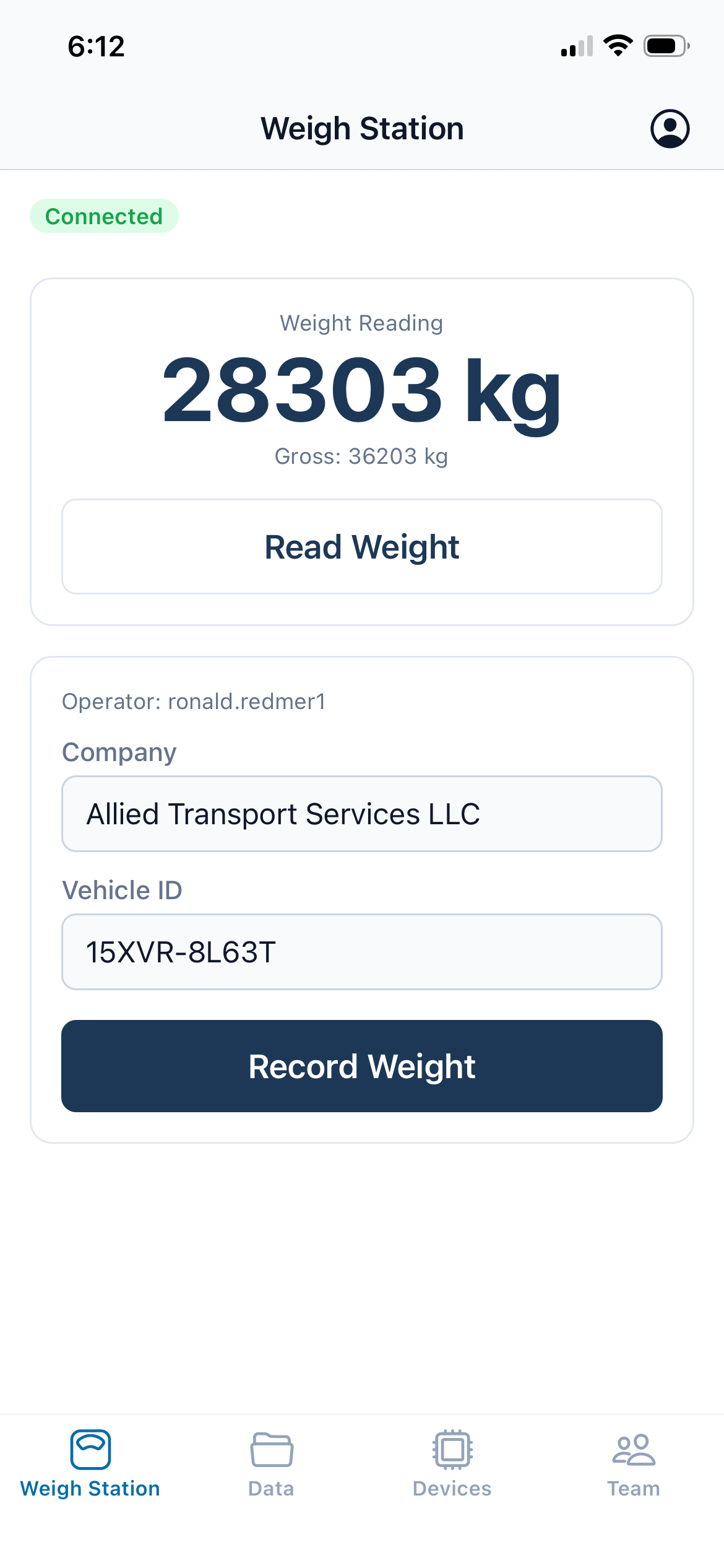 CVWS iOS app, Weigh Station screen: Connected status, a live weight reading of 28,303 kg, and a record-weight form for the operator, company, and vehicle ID with a Record Weight button