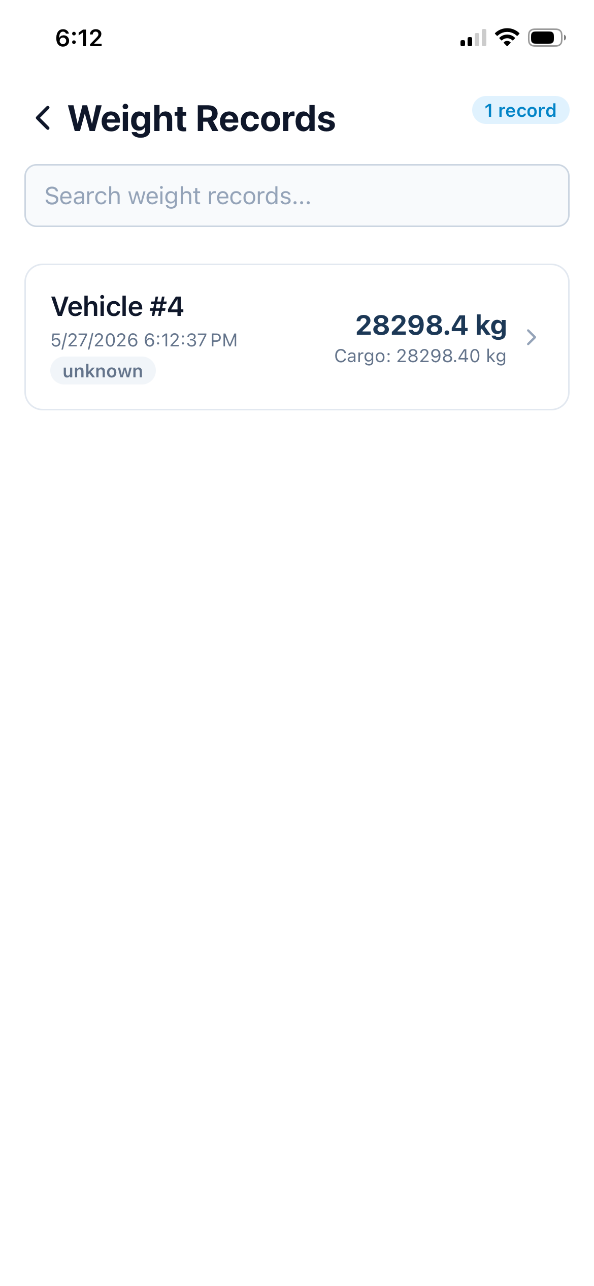 CVWS iOS app, Weight Records screen: a searchable list of weighing sessions showing the vehicle, timestamp, and recorded weight