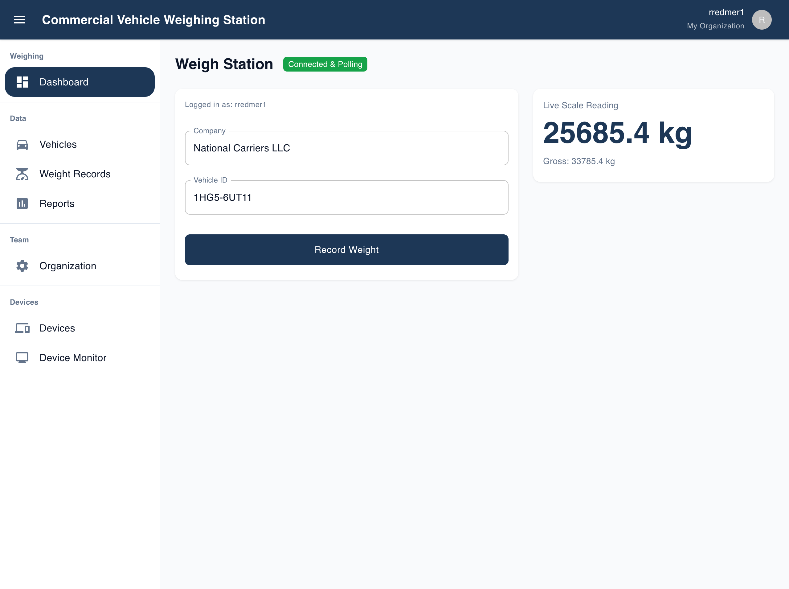 CVWS web dashboard, Weigh Station screen: a "Connected & Polling" status, a company and vehicle-ID form with a Record Weight button, and a live scale reading of 25,685.4 kg.