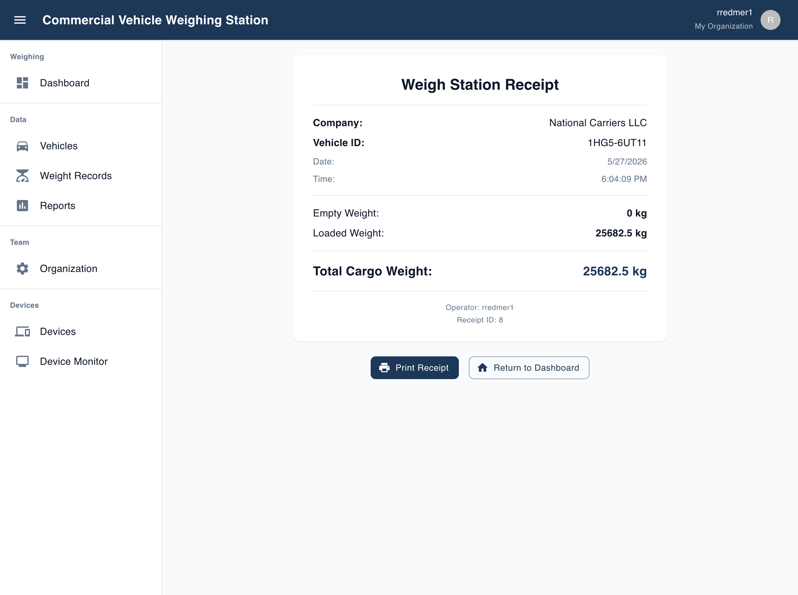 CVWS web dashboard, Weigh Station screen after recording a session: a printable weighing receipt showing the company, vehicle ID, and the empty, loaded, and net weights
