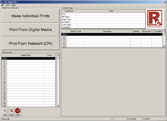 DVP-2 Controller main screen — ISA Digital VP-2 application with Make Individual Prints / Print From Digital Media / Print From Network (ON) buttons on the left, a Print Queue grid below, the Current Image metadata table (Path / File Name / Image Type / Resolution / Color Depth / Control File) in the center, the Product Code grid on the right, and the Redmer Controls Inc. logo in the upper-right corner. Status bar: "Printer Idle" — 12/23/2002 — 11:24 AM.