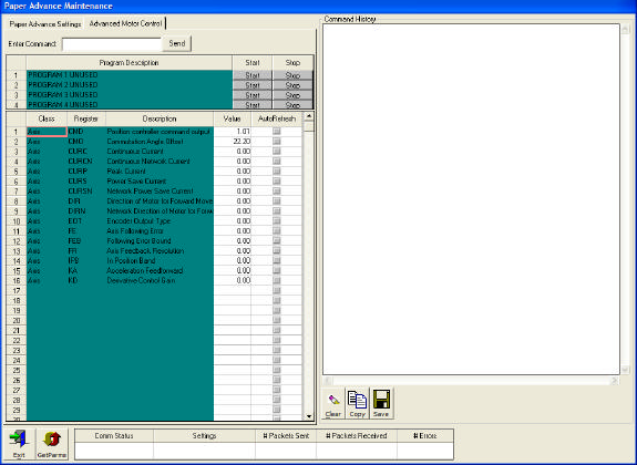 Paper Advance Maintenance window, Advanced Motor Control tab — Program Description rows on the left (Class column showing CMD / CMDID / CURC / CURCN / CURP / CURPS / CURPSN / D-R / DIRN / ECT / FE / FEB / FFR / IPB / KA / KD register names), Command History pane on the right capturing serial frames to and from the GE Fanuc S2K motion controller, and Comm Status / Settings / Packets Sent / Packets Received / Errors counters in the footer.