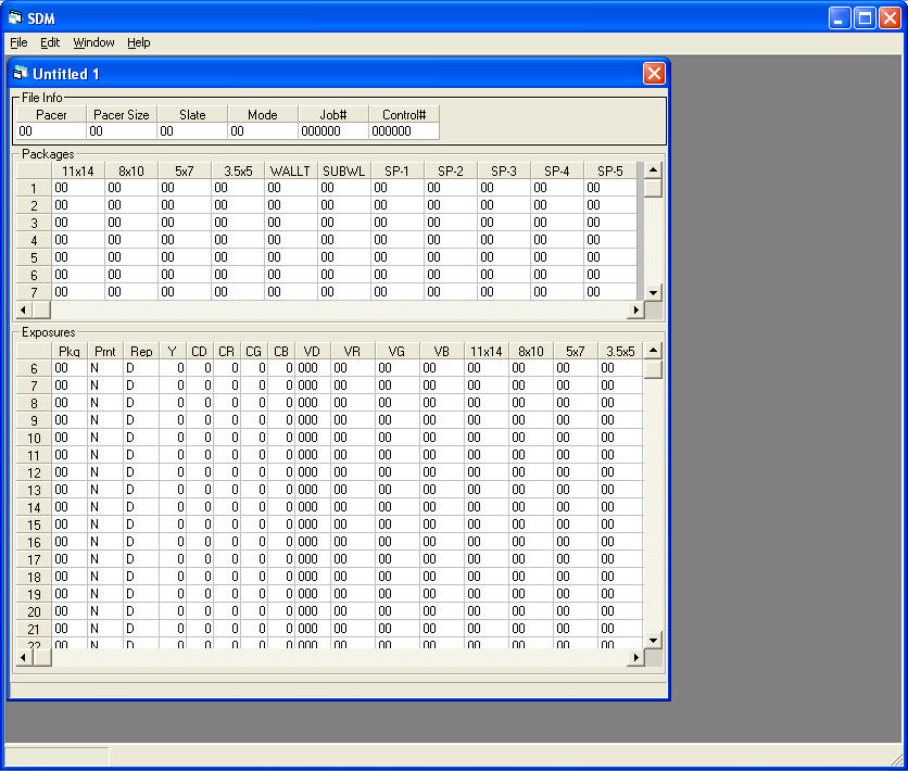 SDM (Shooter Data Manager) window — File / Edit / Window / Help menu bar; File Info row (Pacer / Pacer Size / Slate / Mode / Job# / Control##); Packages grid with columns 11x14 / 8x10 / 5x7 / 3.5x5 / WALLT / SUBWL / SP-1 / SP-2 / SP-3 / SP-4 / SP-5 across rows 1..7; Exposures grid below with columns Pkg / Prnt / Rep / Y / CD / CR / CG / CB / VD / VR / VG / VB and additional 11x14 / 8x10 / 5x7 / 3.5x5 columns across rows 6..21.