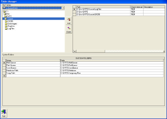 Folder Manager window — Hot Folders tree on the upper left with D:\Dev\DVP2\… subfolders (Source / DX95 / DiskImages / Graphics / LogFiles), Hot Folders detail grid on the upper right showing Path, Check Interval (1000 ms), and Description columns, and the System Folders grid at the bottom showing Hold Queue, Print Queue, Save Queue, Database Path, and Temp Path. Add / Erase / Exit action buttons.