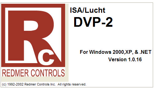 DVP-2 Controller application splash screen — large red-and-white "Rc" Redmer Controls logo at left with "REDMER CONTROLS" wordmark below it, "ISA/Lucht DVP-2" headline at the top right, "For Windows 2000, XP, & .NET" + "Version 1.0.16" subtitle, and copyright line at the bottom reading "(c) 1992-2002 Redmer Controls Inc. All rights reserved."