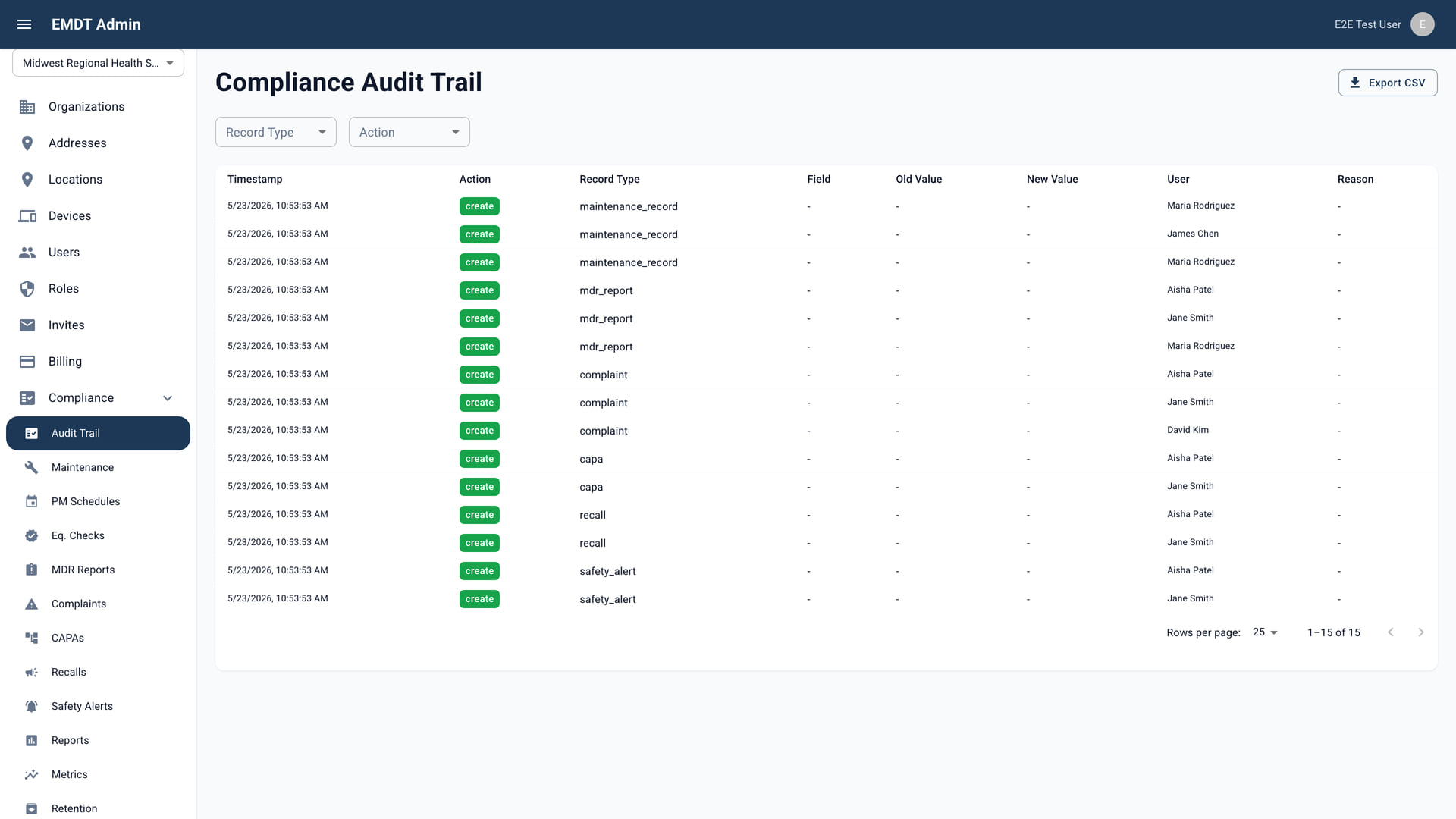 The EMDT Compliance Audit Trail: a filterable, CSV-exportable log of changes with timestamp, action, record type, field, old and new value, user, and reason columns — exactly the kind of computer-generated, time-stamped record 21 CFR Part 11 requires.