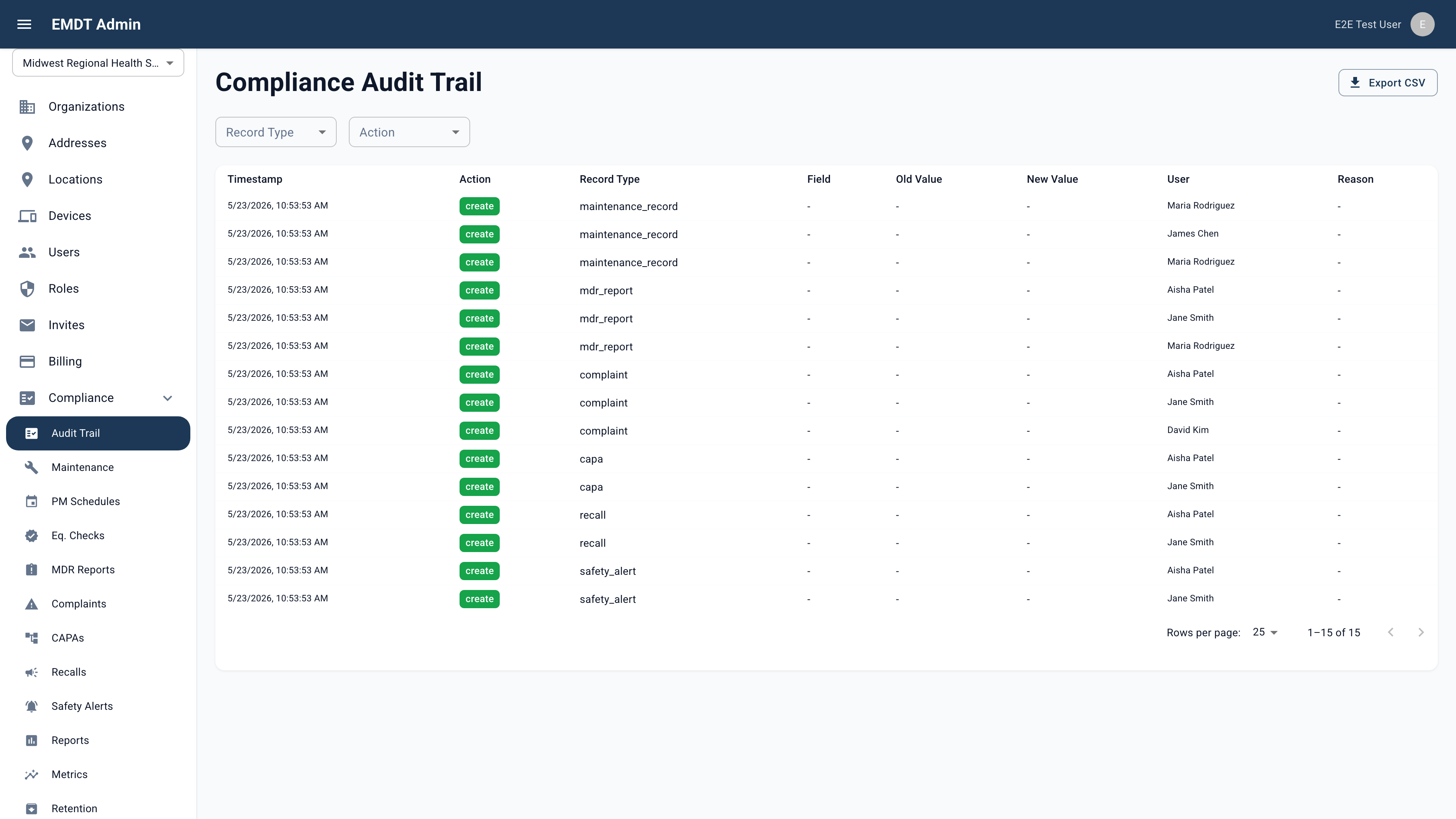 The EMDT Compliance Audit Trail: a filterable, CSV-exportable log of changes with timestamp, action, record type, field, old and new value, user, and reason columns — showing create entries across maintenance records, MDR reports, complaints, CAPAs, recalls, and safety alerts attributed to named users.