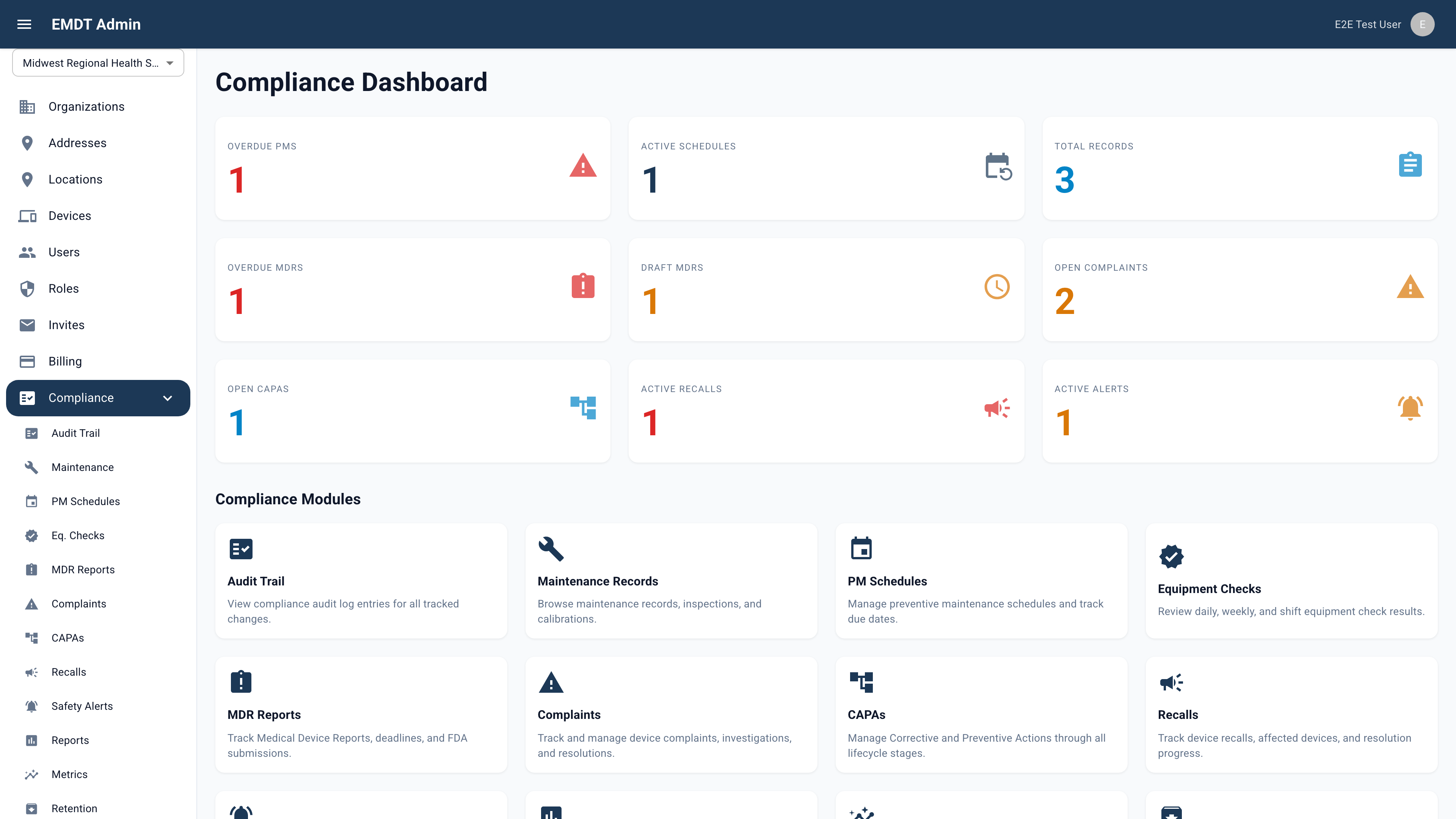 The EMDT web compliance dashboard: fleet-wide device readiness, upcoming maintenance, and compliance status across stations.