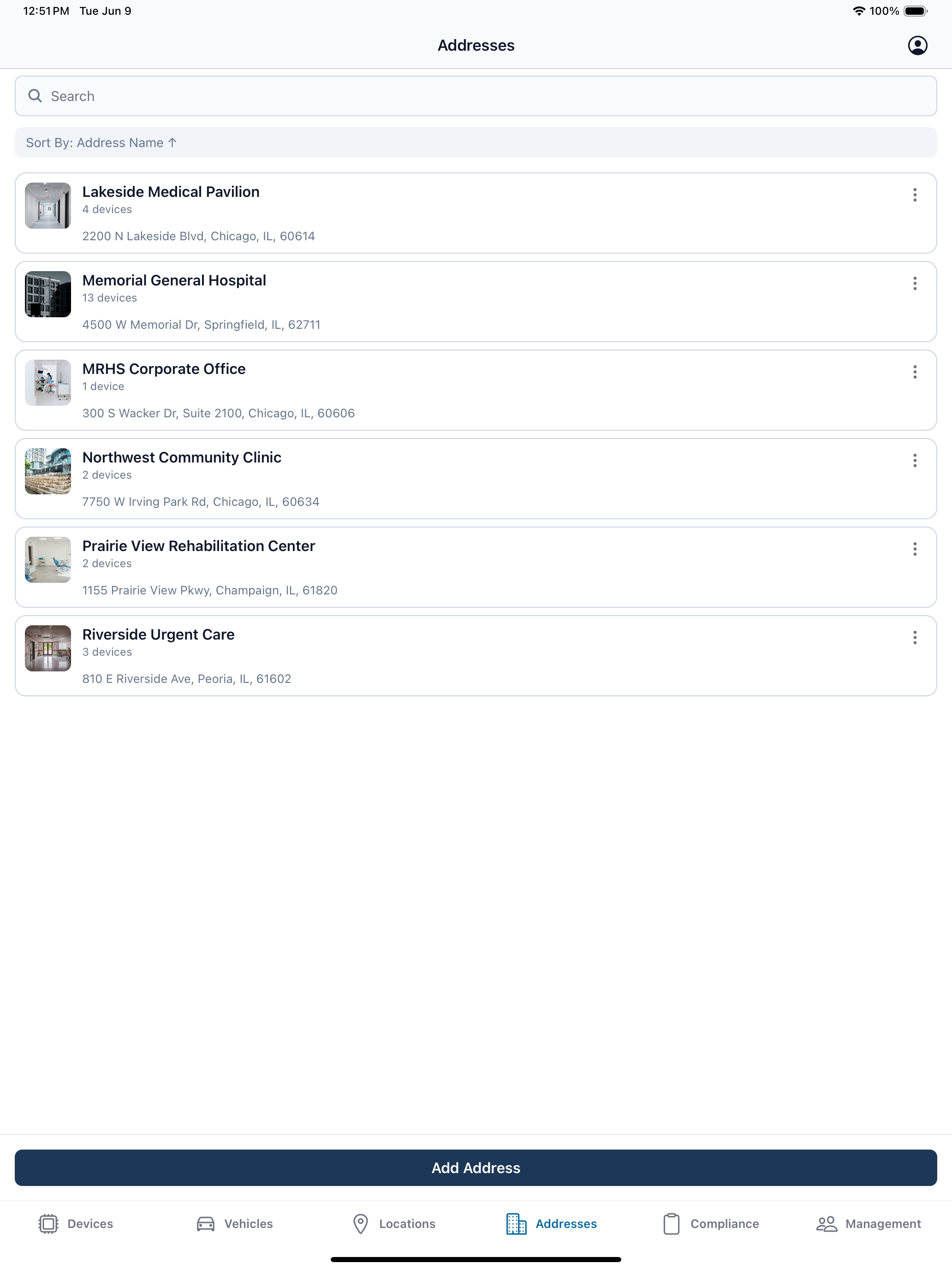 The EMDT iPad app Addresses screen: facility addresses in the organization hierarchy with their device counts, on the tablet layout.