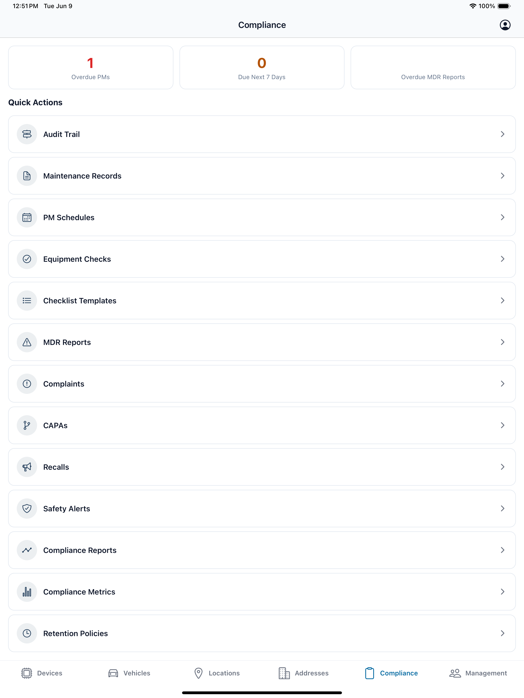 The EMDT iPad app Compliance screen: the tablet shows the full Quick Actions list at once — audit trail, maintenance records, PM schedules, equipment checks, checklist templates, MDR reports, complaints, CAPAs, recalls, safety alerts, compliance reports, metrics, and retention policies — above overdue-PM and MDR status cards.
