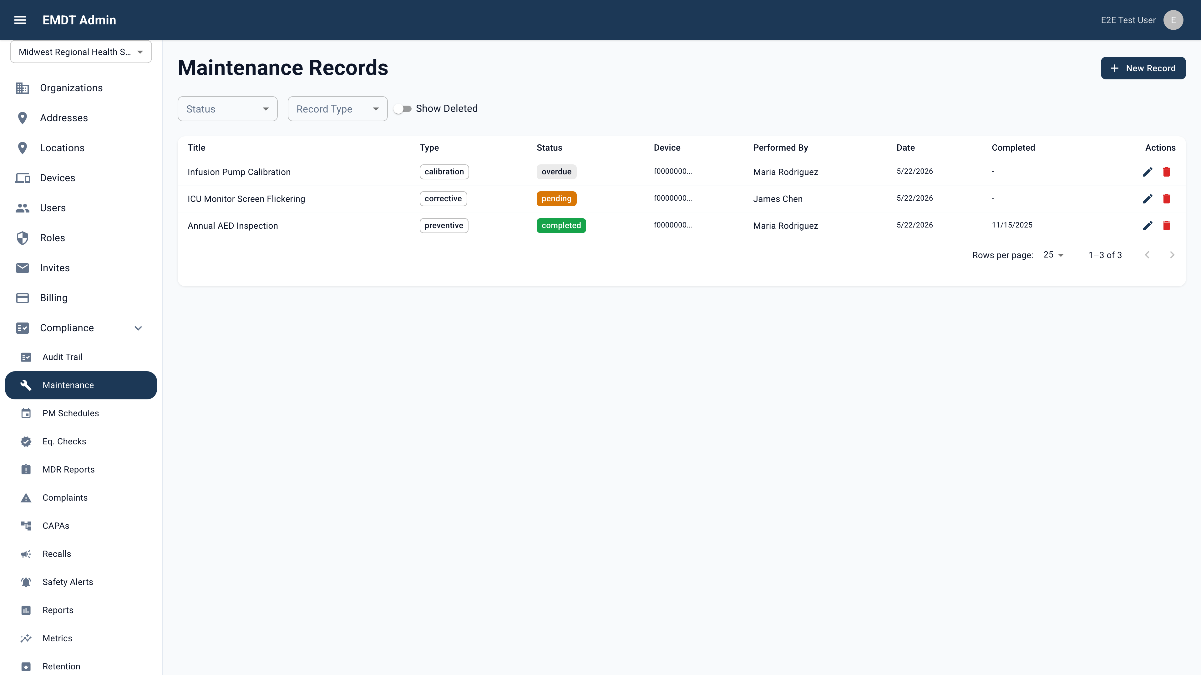 The EMDT Maintenance Records page: a table of work orders — an infusion-pump calibration marked overdue, an ICU monitor corrective repair pending, and a completed annual AED inspection — each with type, status, device, performed-by, and date columns.