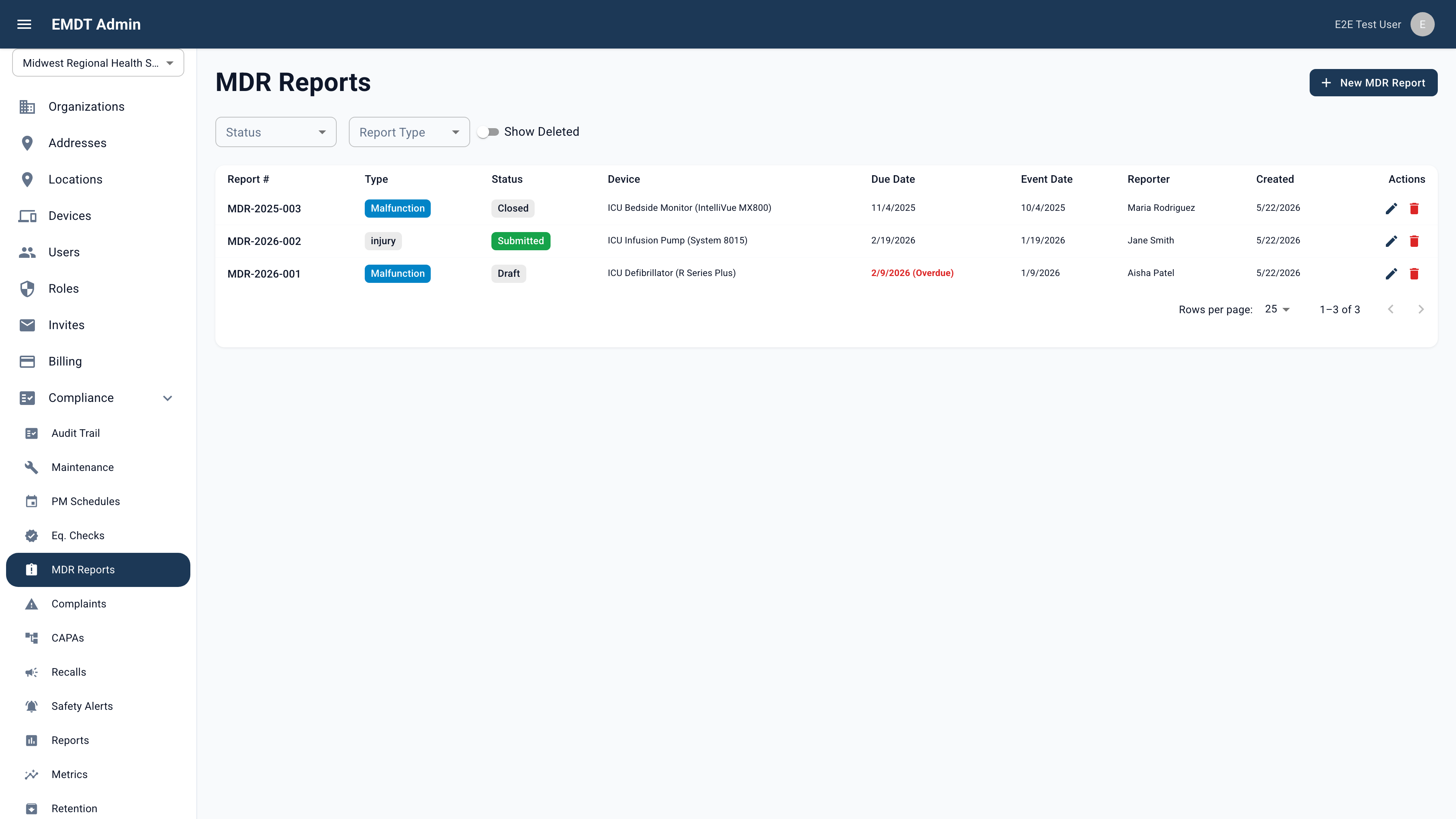 The EMDT MDR Reports page: a table of Medical Device Reports with report number, type, status, device, due date, event date, and reporter — including closed, submitted, and a draft report flagged overdue in red.