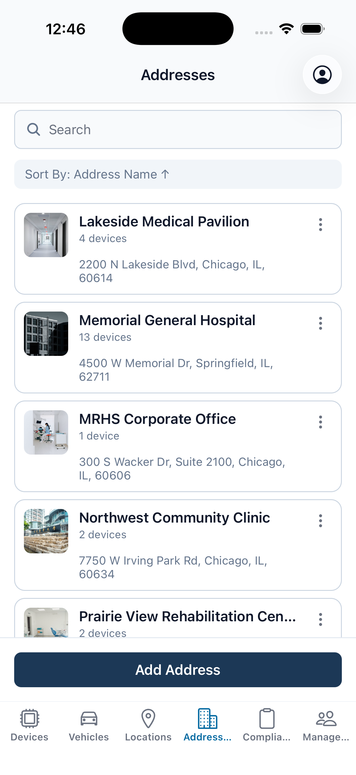 The EMDT iPhone app Addresses tab: the facility addresses in the organization hierarchy, each showing its device count for the locations it contains.