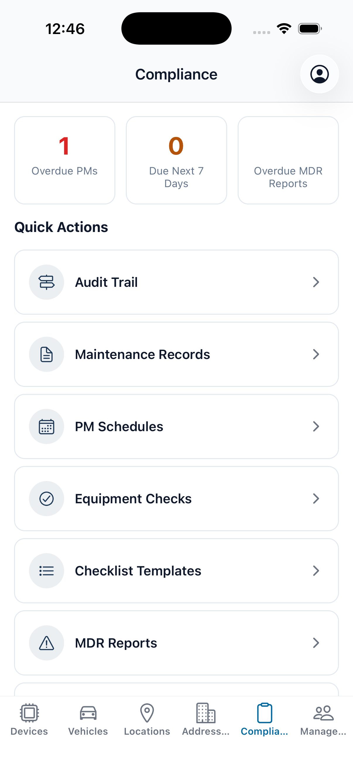 The EMDT iPhone app Compliance tab: status cards for overdue PMs, items due in the next seven days, and overdue MDR reports, above a Quick Actions list for the audit trail, maintenance records, PM schedules, equipment checks, checklist templates, and MDR reports.