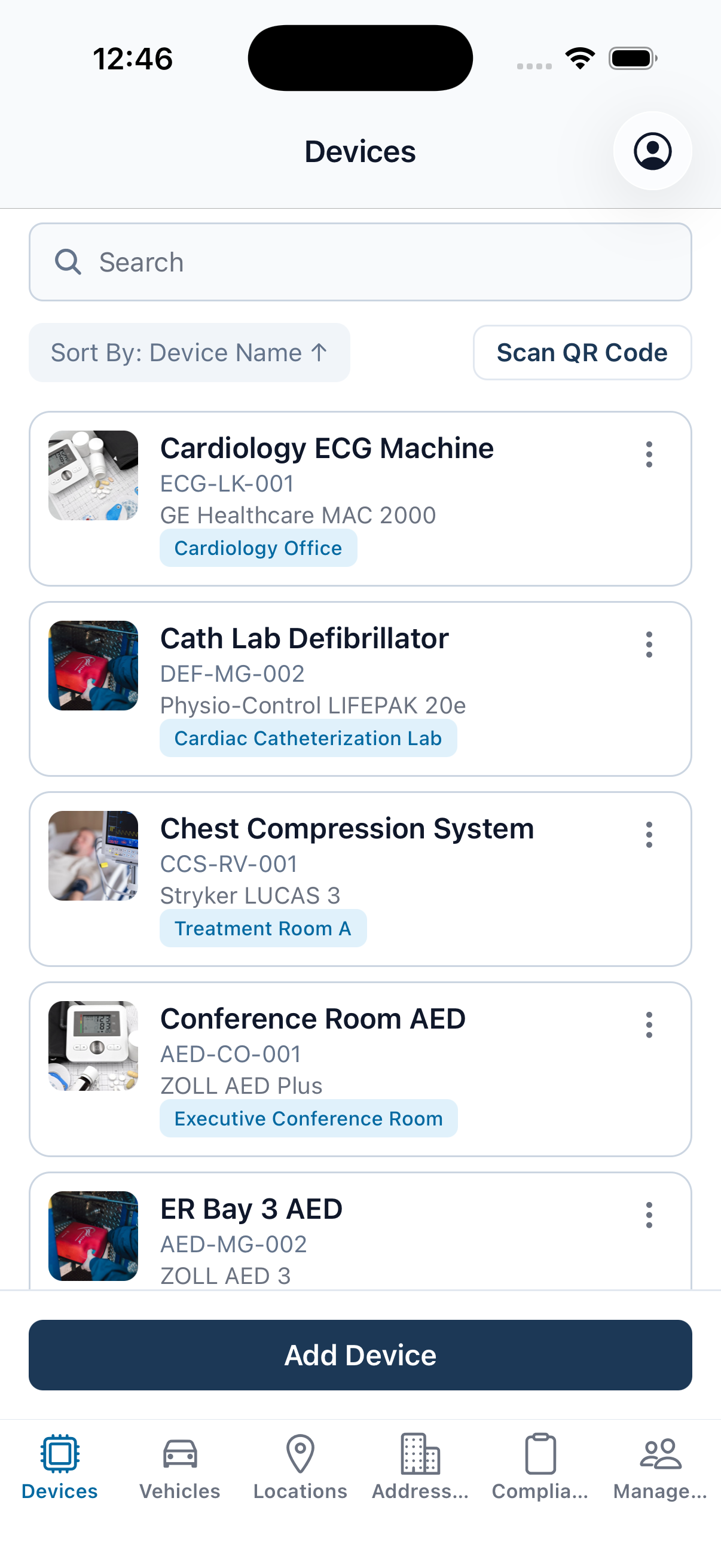 The EMDT iPhone app Devices tab: a searchable list of medical equipment — a GE Healthcare ECG machine, a Physio-Control defibrillator, a Stryker chest-compression system, and ZOLL AEDs — each with device ID, make/model, and location, plus a Scan QR Code button and a bottom tab bar.