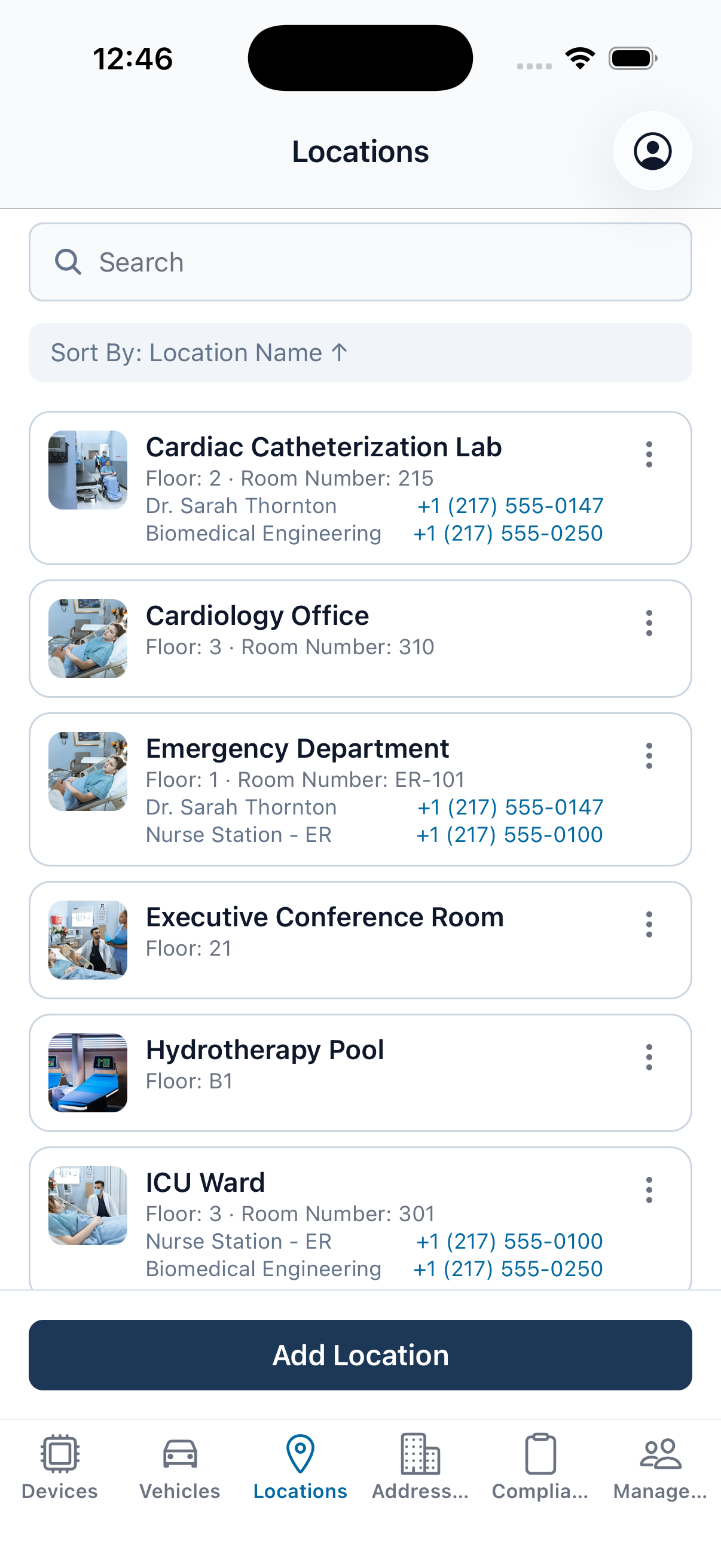 The EMDT iPhone app Locations tab: a list of facility locations where tracked medical devices are stationed, each ready to drill into its device inventory.