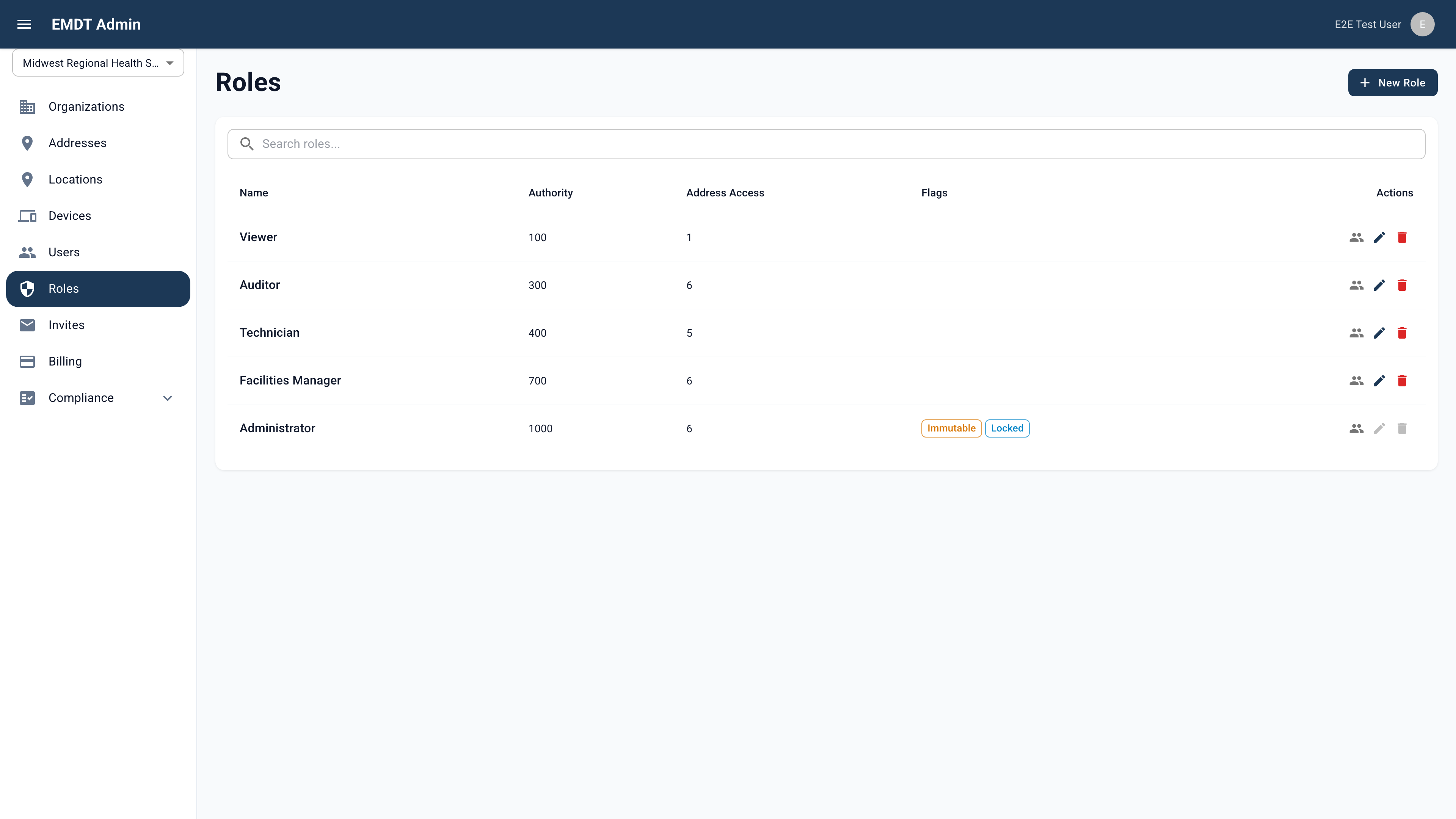 The EMDT Roles page: a role table with Viewer, Auditor, Technician, Facilities Manager, and Administrator rows, each showing its authority level and address-access count, with the Administrator role marked Immutable and Locked.
