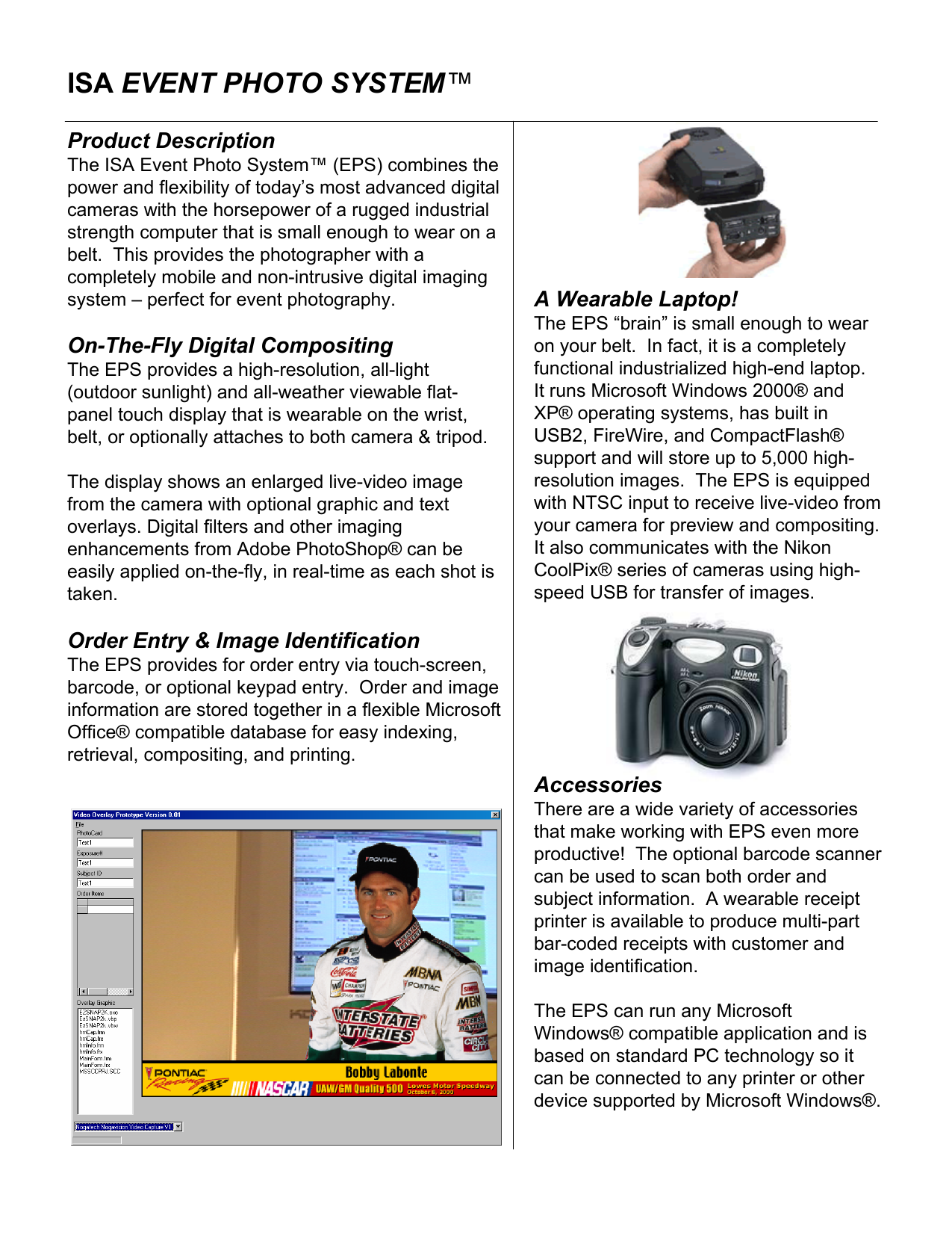 The one-page ISA EVENT PHOTO SYSTEM product sheet, January 2002 — sections covering the product description, on-the-fly digital compositing, order entry and image identification, the wearable laptop, and accessories, illustrated with the wearable's stacked modules, a Nikon CoolPix camera, and the prototype application screenshot with the Bobby Labonte NASCAR overlay.