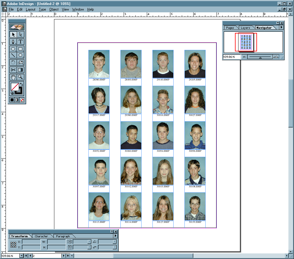 Adobe InDesign workspace showing the automated EZ-IMAGE output — a 4×5 class composite layout of 20 portraits fully built from the lab database, no manual placement required. The Pages / Layers / Navigator panel on the right confirms it's a real InDesign document; the tool palette on the left and the document chrome confirm it's the lab's standard publishing environment. Step 4 of the automation: the InDesign-ready composite page lands in the lab's normal production workflow.