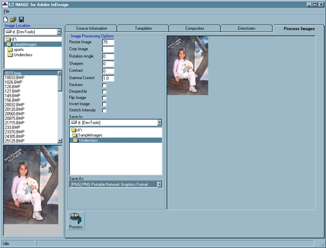 EZ-IMAGE Process Images tab — batch image processing across the lab's full image inventory. Resize, crop, rotation, sharpen, contrast, gamma, deskew, despeckle, flip, invert, stretch intensity; save-as PNG (and other formats). Step 3 of the automation (optional): normalize the image inventory before layout.