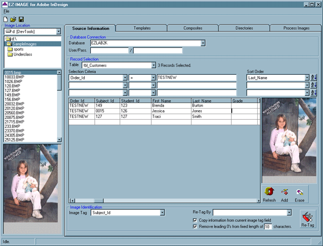 EZ-IMAGE Source Information tab — database connection (EZLAB2K), customer table (tbl_Customers), 3 records selected (Brenda Burton, Jessica Jones, Traci Smith), sort by Last_Name, image-tag mapping by Subject_Id. The sample data shows the lab's order-driven query pattern. Step 1 of the automation: pick the records.