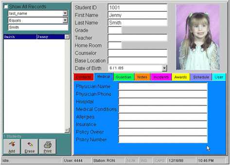 EZ-VIEW main screen at a smaller workstation resolution — same record and tabs at a tighter pixel budget; period-correct Windows-9x/NT desktop chrome