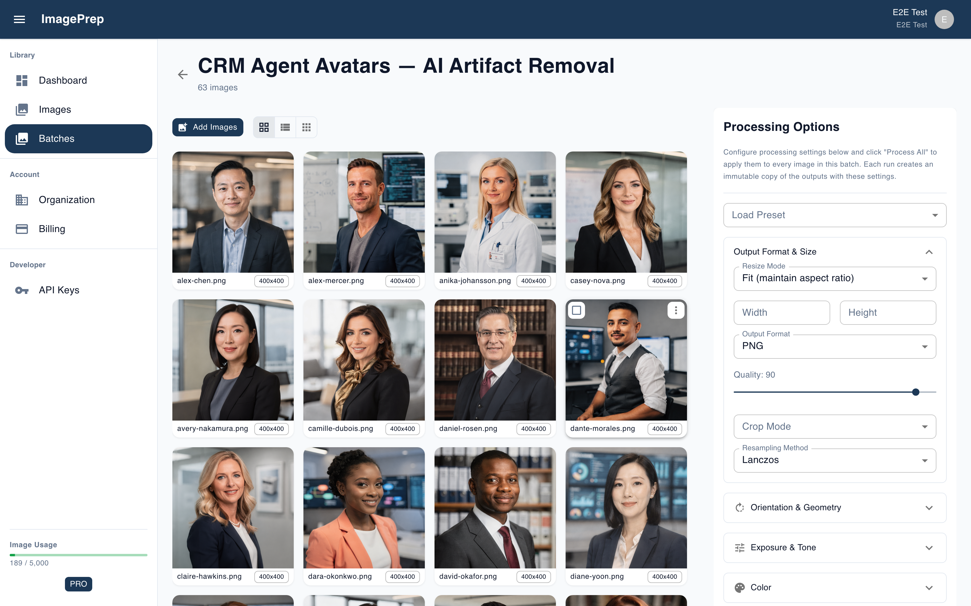An IMAGEPREP batch detail view, 'CRM Agent Avatars — AI Artifact Removal', showing the image grid beside a Processing Options panel with output format and size, resize mode, quality, crop mode, Lanczos resampling, and collapsible orientation, exposure, and color sections.