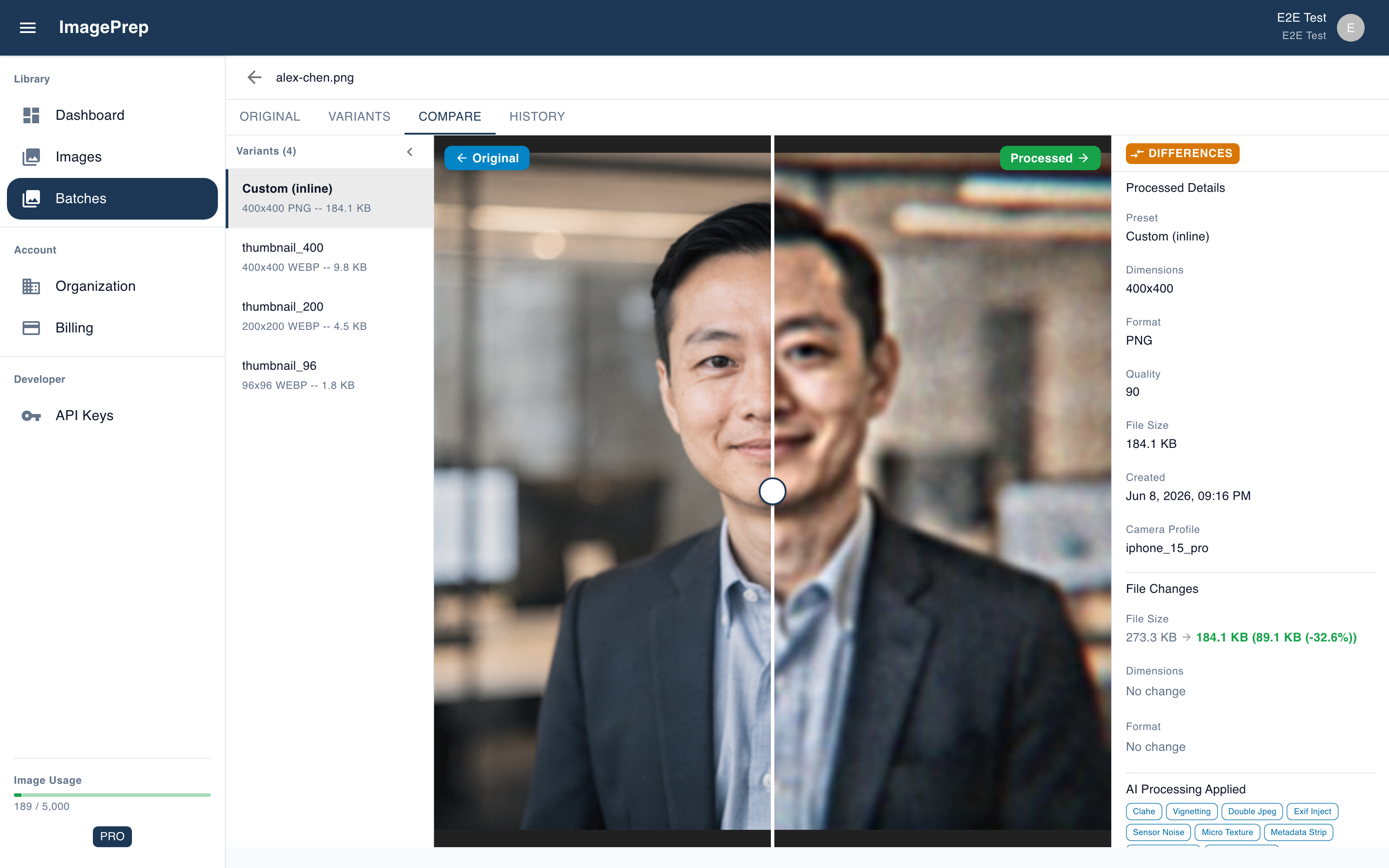 IMAGEPREP side-by-side comparison: an original image beside its processed, platform-ready result.