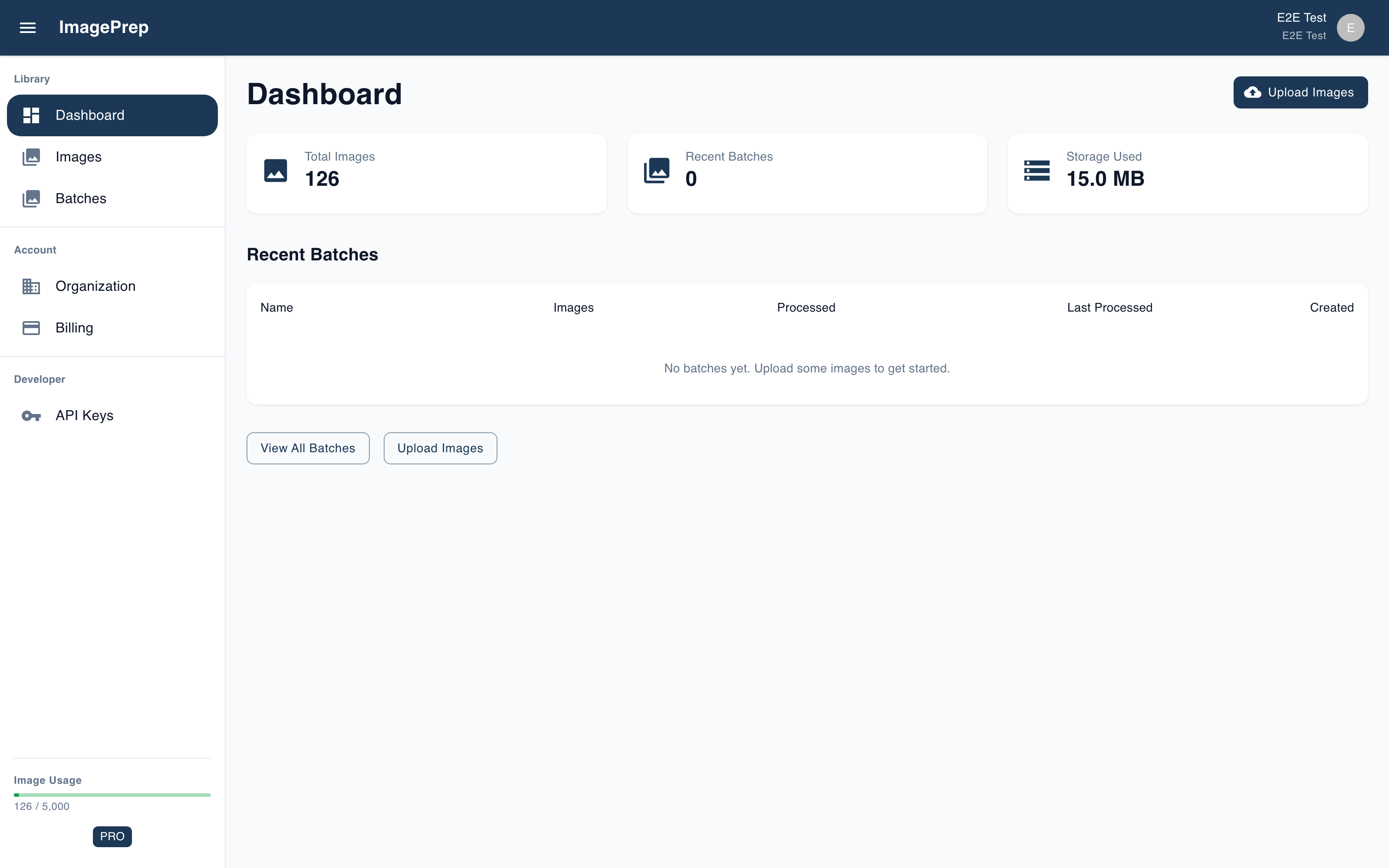 The IMAGEPREP dashboard: a left navigation rail (Dashboard, Images, Batches, Organization, Billing, API Keys) beside summary cards for total images, recent batches, and storage used, a recent-batches table, a plan usage meter, and a PRO badge.