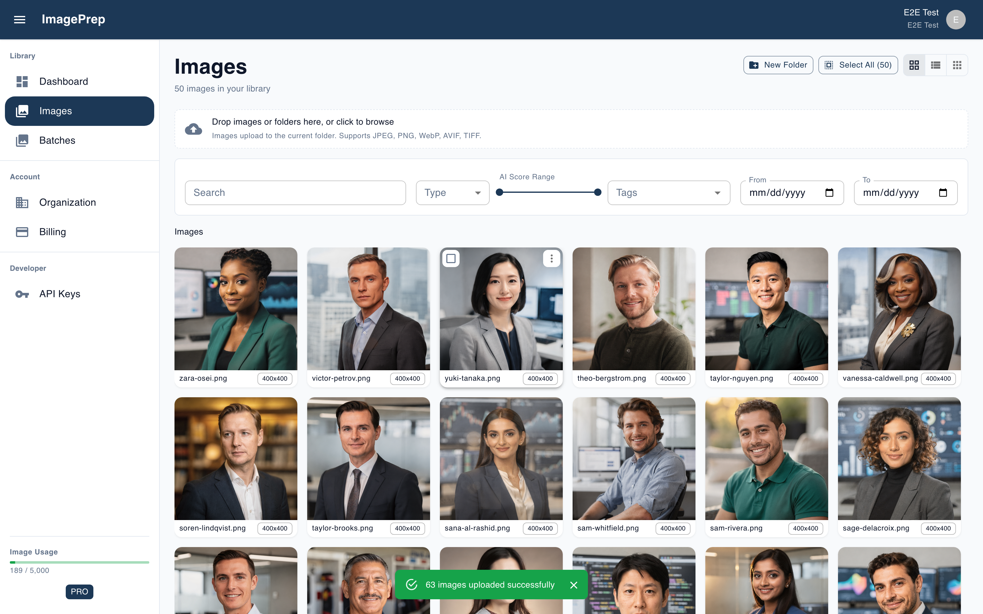 The IMAGEPREP image library populated with dozens of uploaded portrait photos in a thumbnail grid, above search, type, AI-score-range, tag, and date filters, with a toast confirming the batch uploaded successfully.