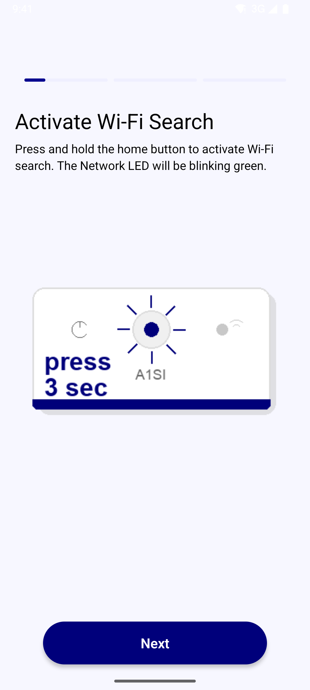 A1SI IoT WiFi on Android — the activate-Wi-Fi step prompting the user to make sure Wi-Fi is turned on before pairing, with step progress and a Next button.