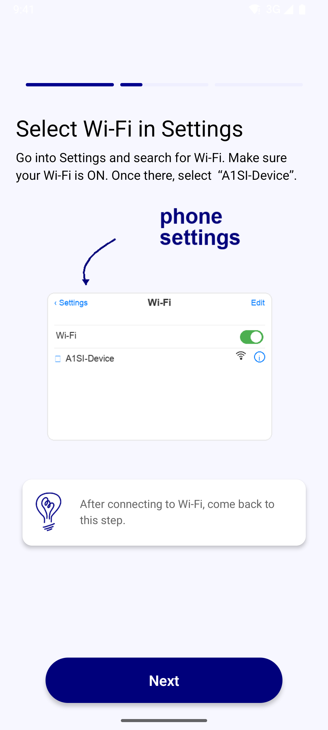 A1SI IoT WiFi on Android — connecting to the device: instructions to join the device access point "A1SI-Device" from Wi-Fi settings, with step progress.