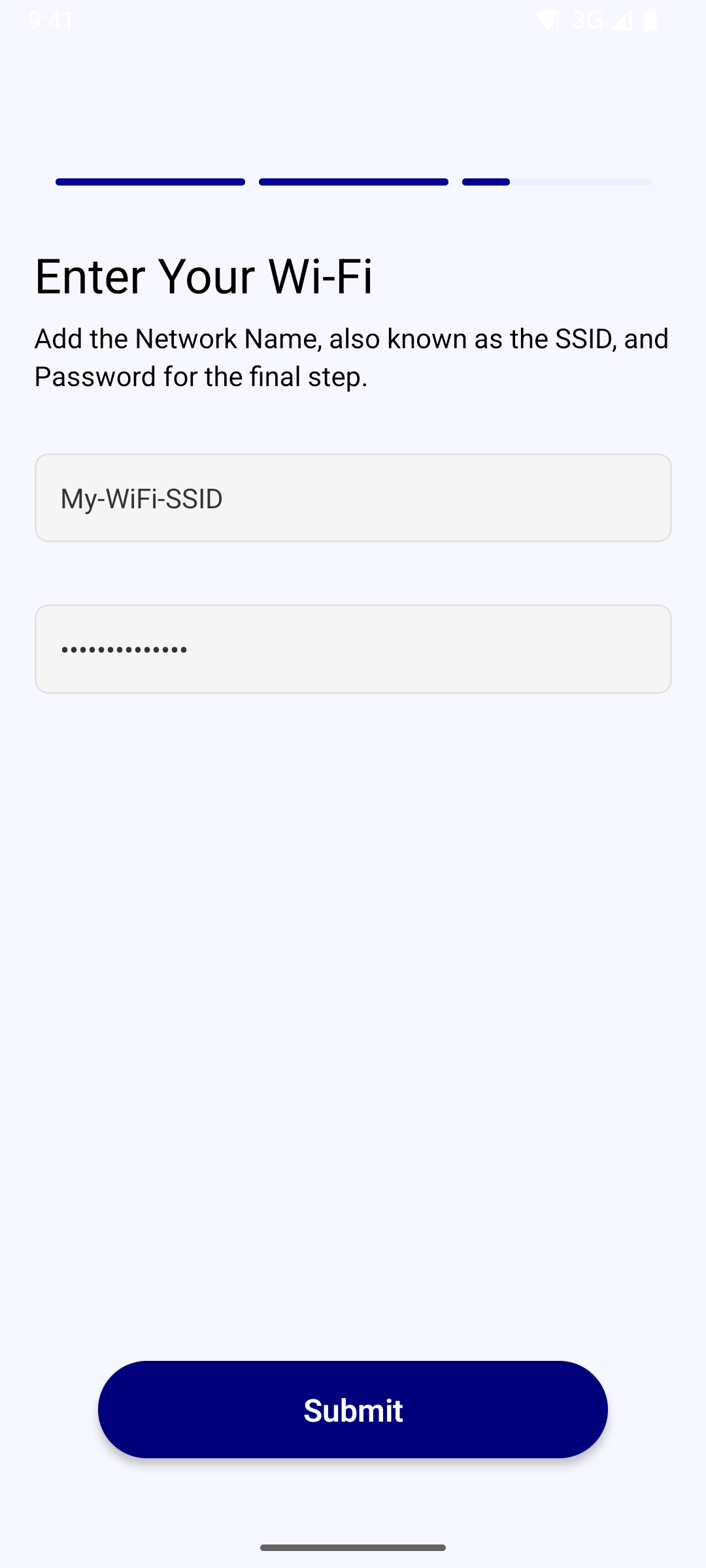 A1SI IoT WiFi on Android — "Enter Your Wi-Fi": a network-name (SSID) field and a masked password field above a Submit button, the final pairing step.