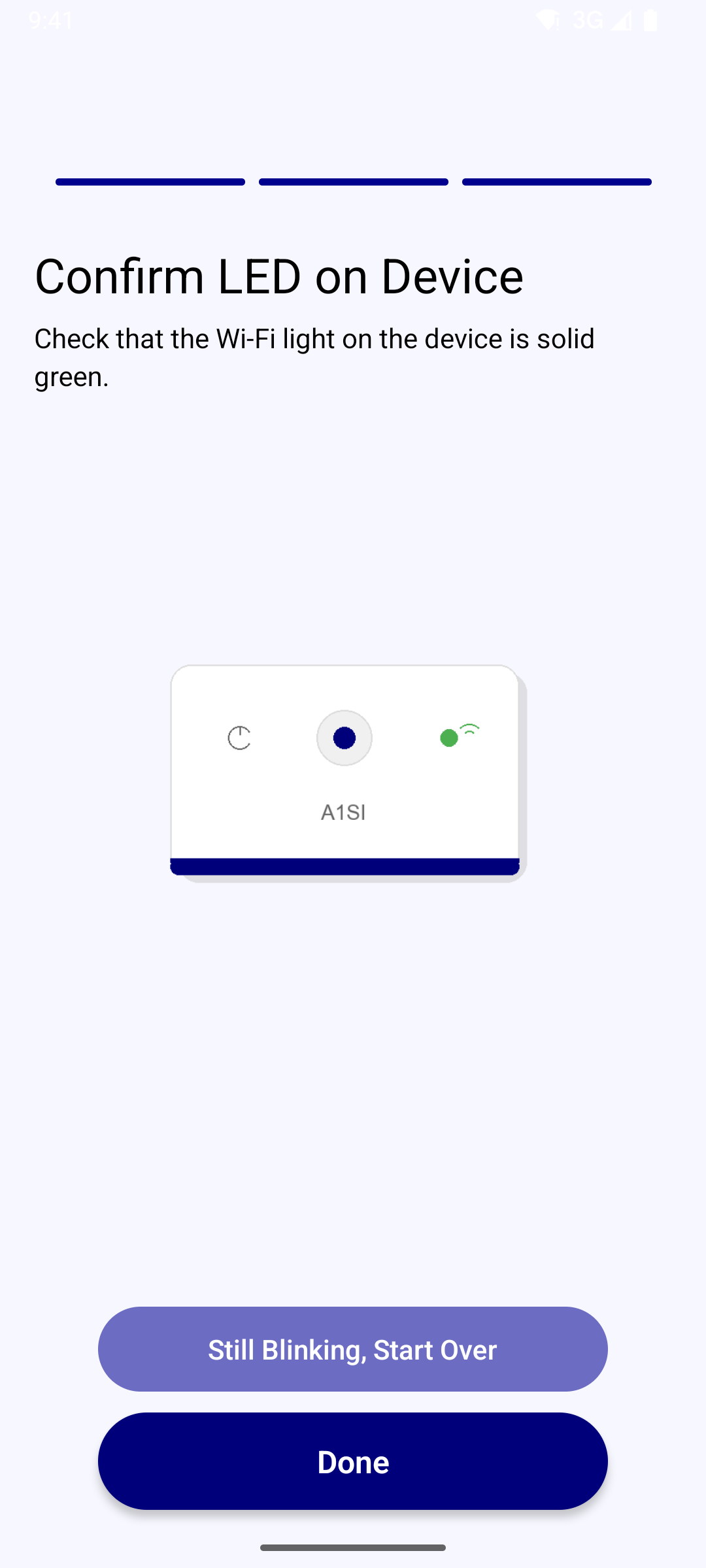 A1SI IoT WiFi on Android — the success screen confirming the device has joined the target Wi-Fi network.