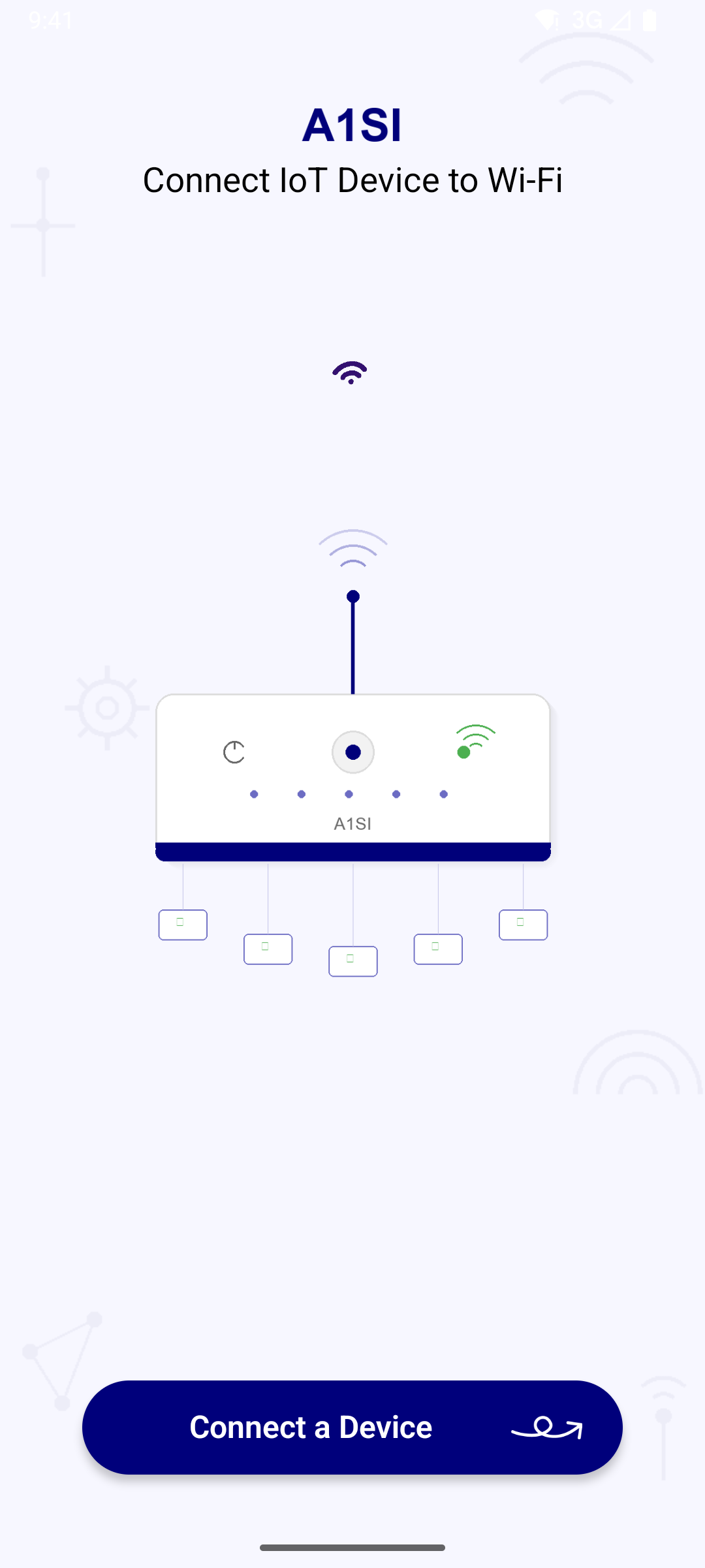 A1SI IoT WiFi on Android — the welcome screen: an "A1SI · Connect IoT Device to Wi-Fi" header above a stylized device illustration and a "Connect a Device" button.